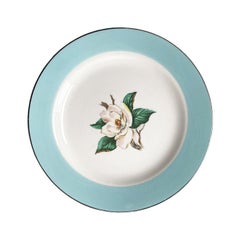 Set of 3 Ceramic Magnolia Floral Motif Dessert Plates in Pale Blue and Silver