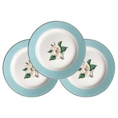 Vintage Set of 3 Ceramic Magnolia Floral Motif Dessert Plates in Pale Blue and Silver