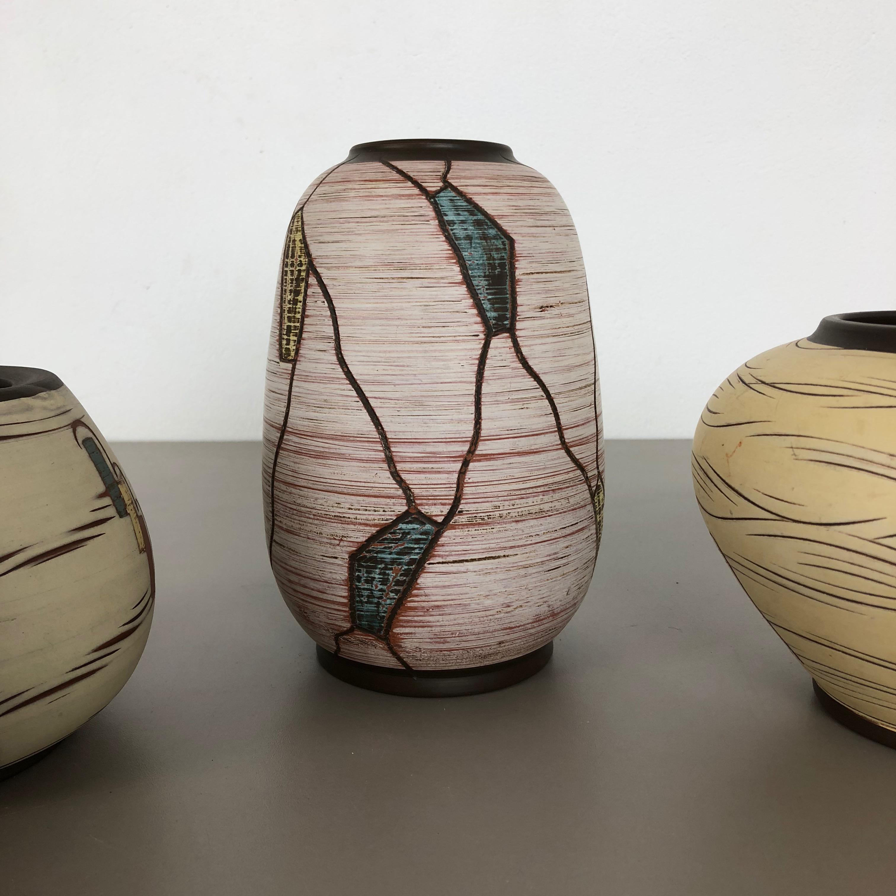 Mid-Century Modern Set of 3 Ceramic Pottery Vase by Sawa Ceramic Franz Schwaderlapp, Germany 1960s For Sale
