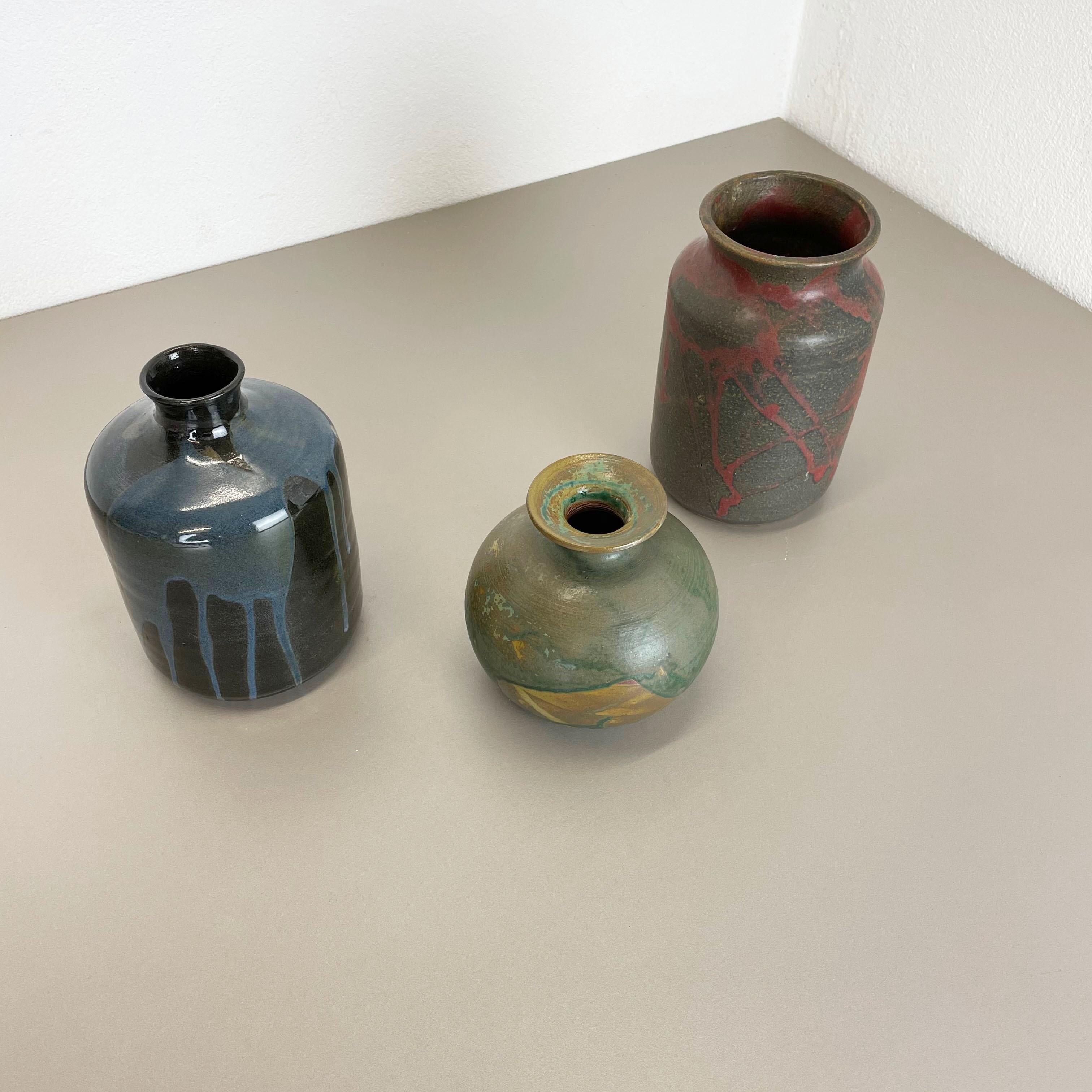 Mid-Century Modern Set of 3 Ceramic Studio Pottery Vase by Elmar & Elke Kubicek, Germany, 1970s For Sale