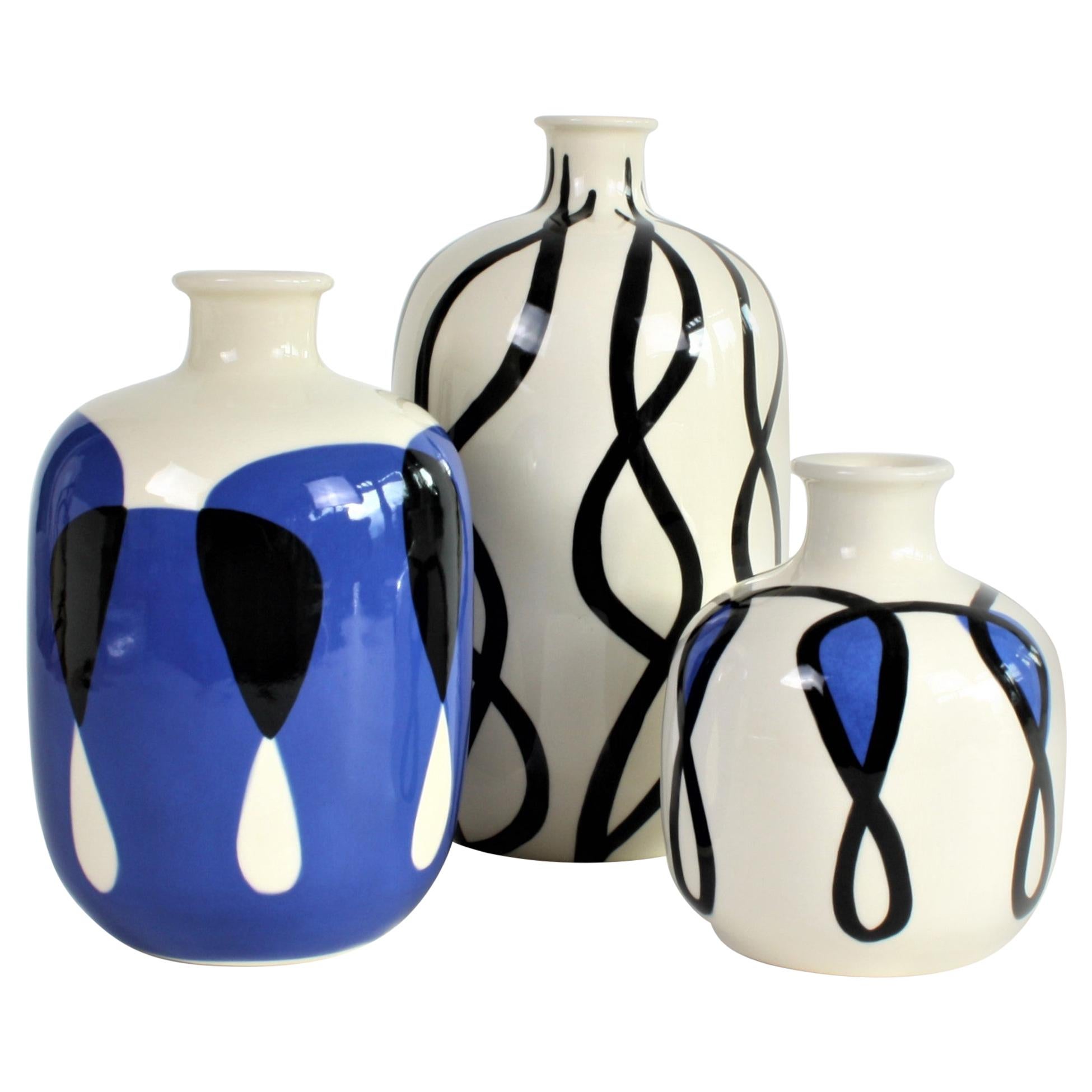 Set of 3 Ceramic Vases with Nautical Motifs, Bouteilles Rondes