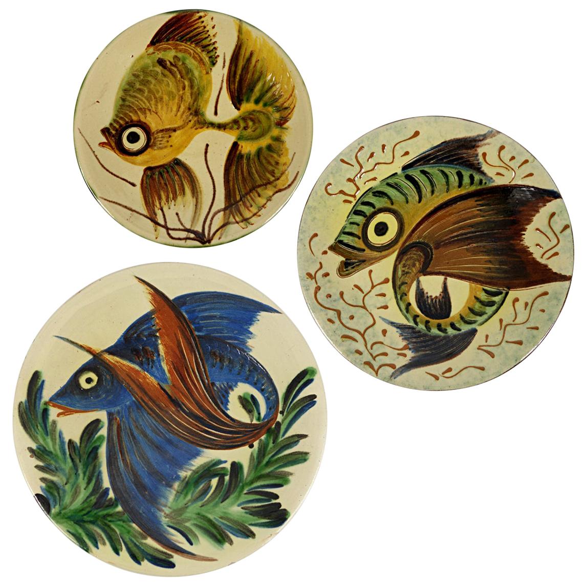 Set of 3 Ceramic Wall Plates with Fish Decor Signed by Spanish Maker Puigdemont