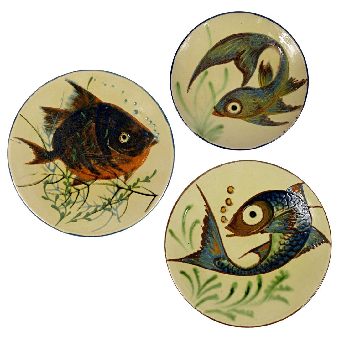 Set of 3 Ceramic Wall Plates with Fish Decor Signed by Spanish Maker Puigdemont