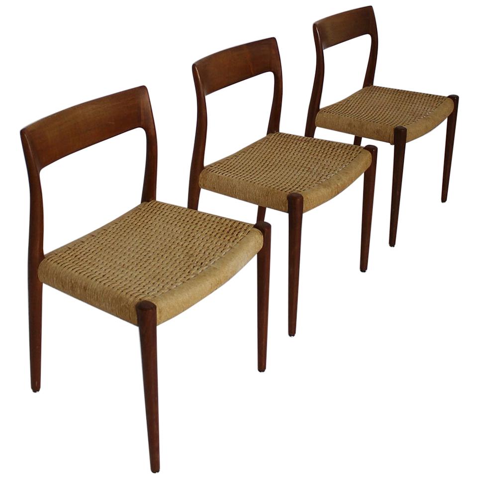 Set of 3 Chairs Model 77 by Niels O. Møller in Teak and Paper Cord, 1950s