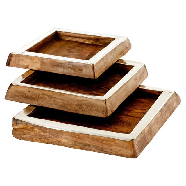 Large Indian Reclaimed Wood Square Tray with Silver Tin Trim at 1stDibs