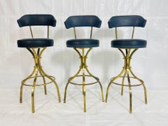 Set of 3 Charles Hollis Jones “Sinatra” Solid Brass Swivel Bar Stools, USA 1960s
