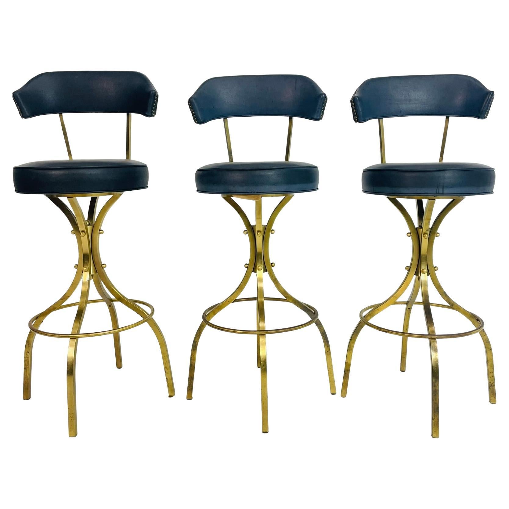 Set of 3 Charles Hollis Jones “Sinatra” Solid Brass Swivel Bar Stools, Los Angel en vente