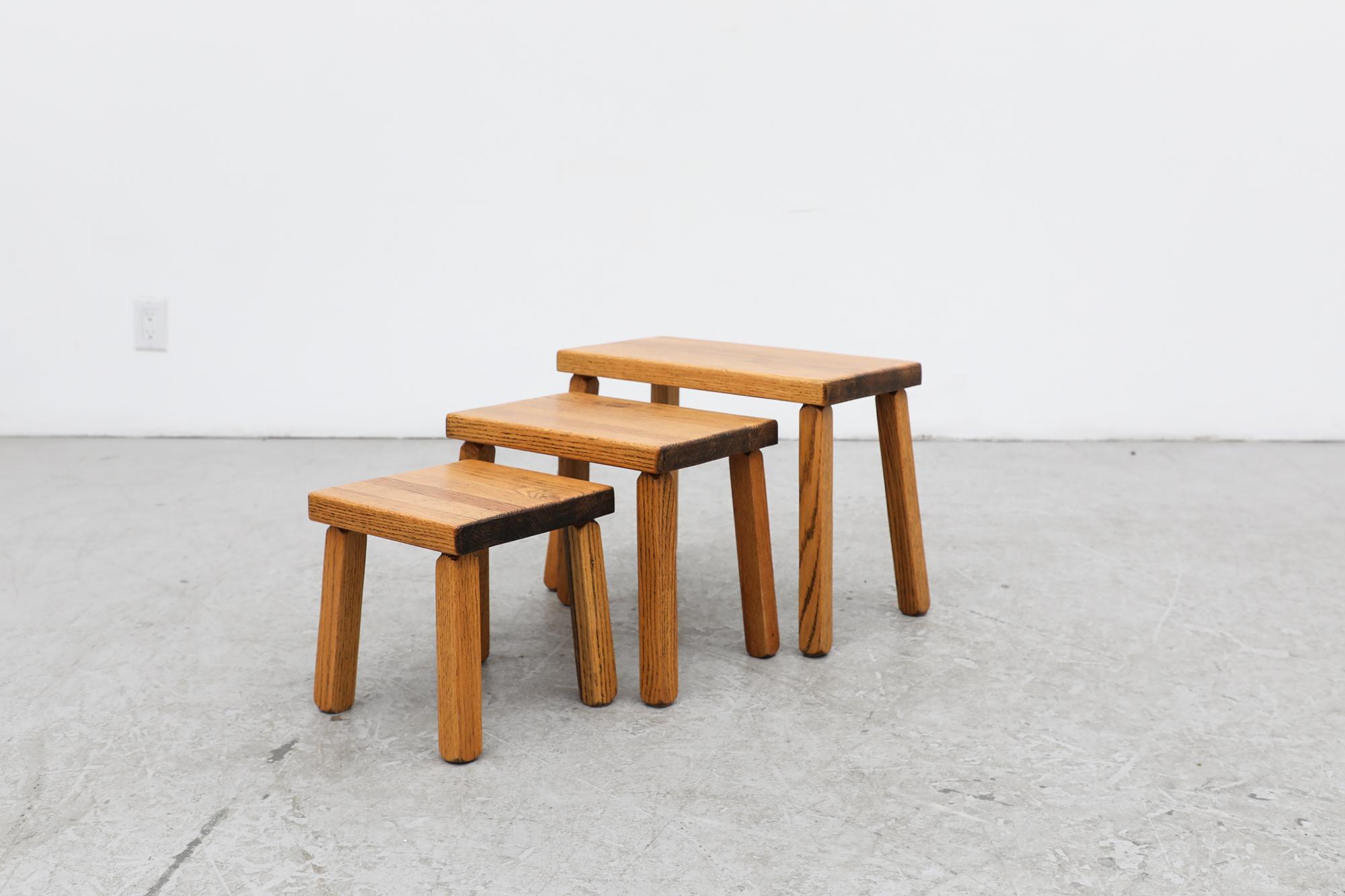 Set of 3 Charlotte Perriand Inspired Brutalist Oak Nesting Tables In Good Condition In Los Angeles, CA