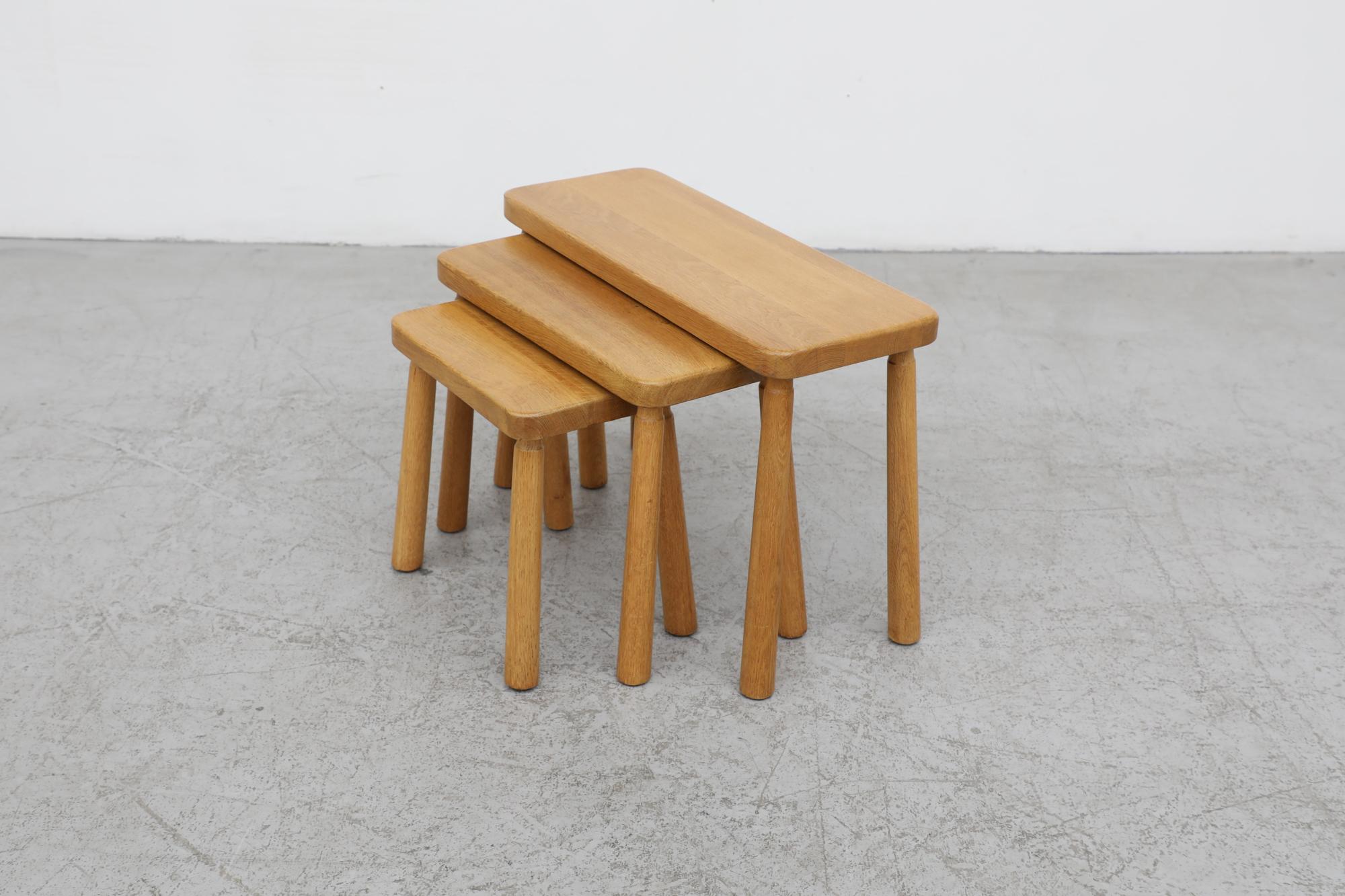 Set of 3 Charlotte Perriand Style Skinny Oak Nesting Tables with Rounded Edges For Sale 11