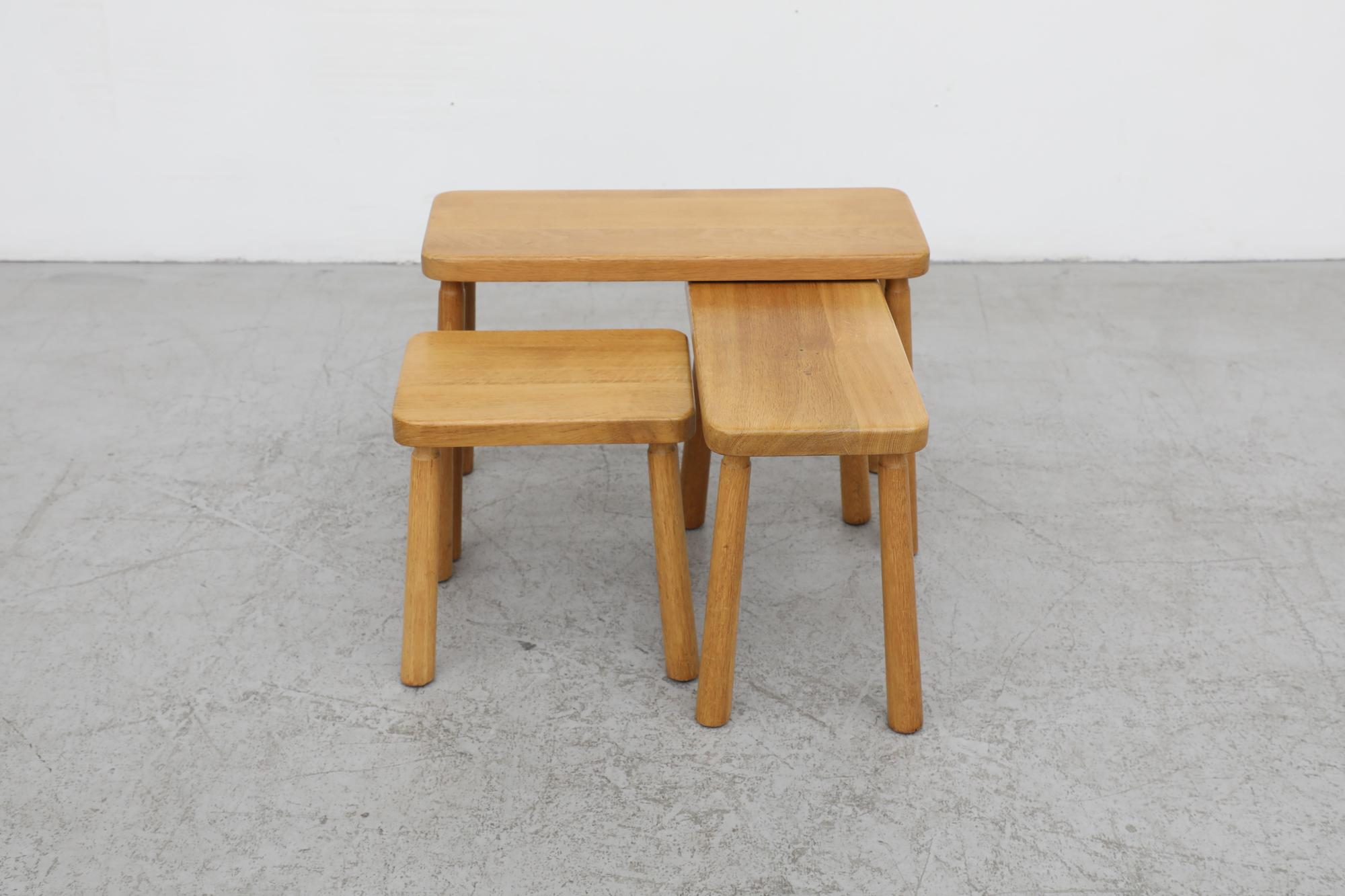 Set of 3 Charlotte Perriand Style Skinny Oak Nesting Tables with Rounded Edges For Sale 2