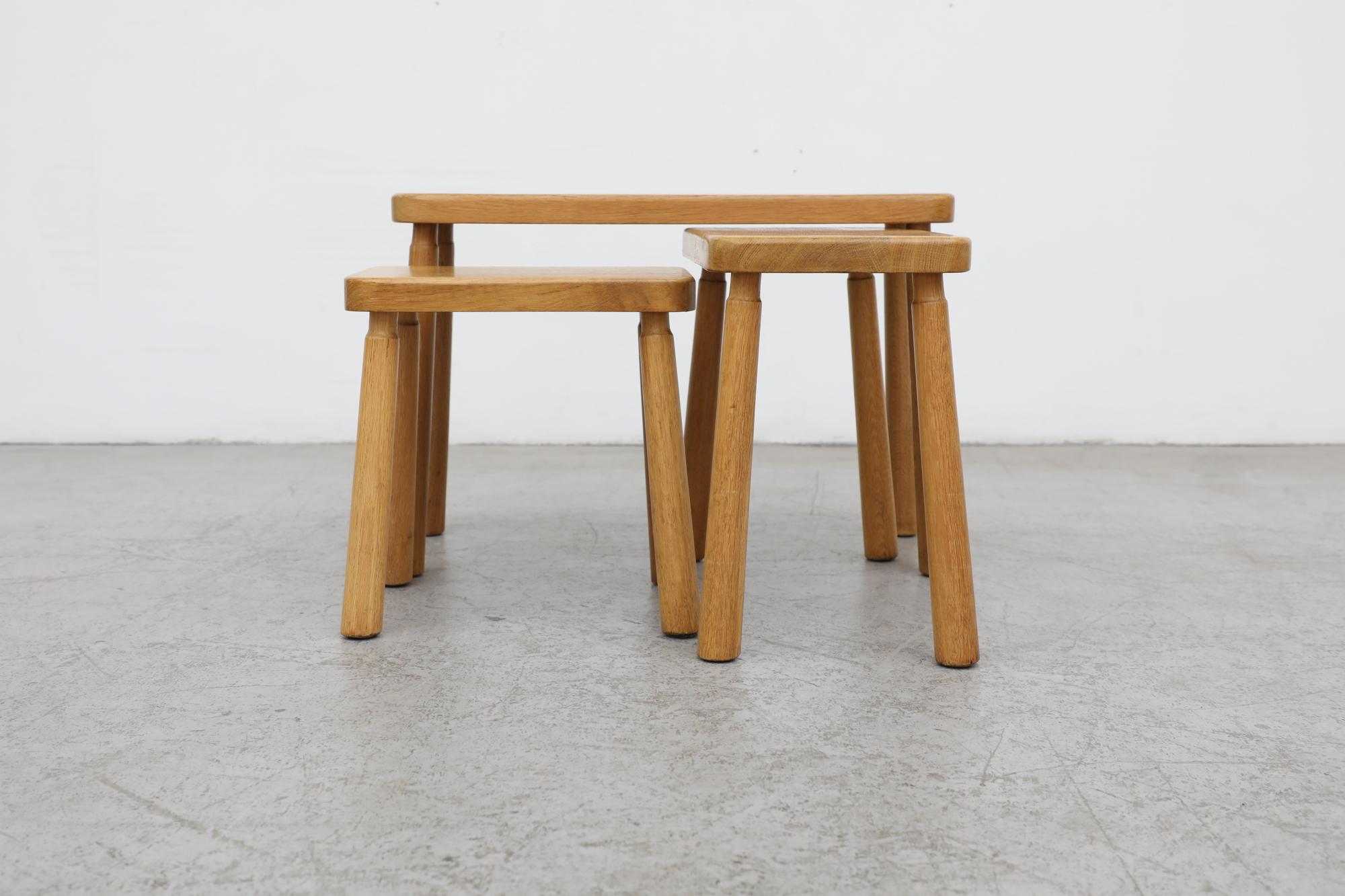 Set of 3 Charlotte Perriand Style Skinny Oak Nesting Tables with Rounded Edges For Sale 3