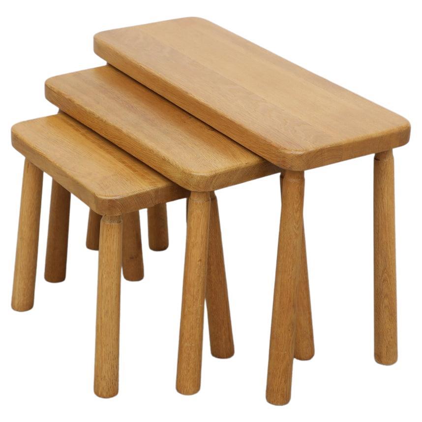 Set of 3 Charlotte Perriand Style Skinny Oak Nesting Tables with Rounded Edges For Sale