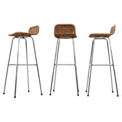 Set of 3 Charlotte Perriand Style Wicker Bar Stools