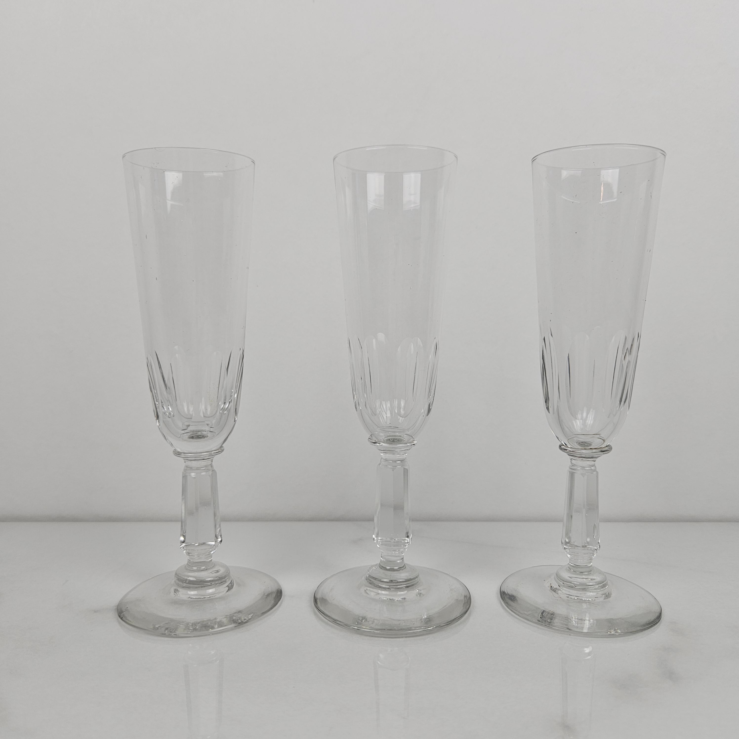 Set of 3 Charming French Hand-Blown Champagne Flutes, circa 1890