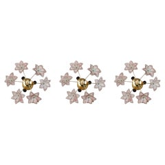 Set of 3 Charming Murano Vintage Ceiling Light Pink Flowers, 1970s