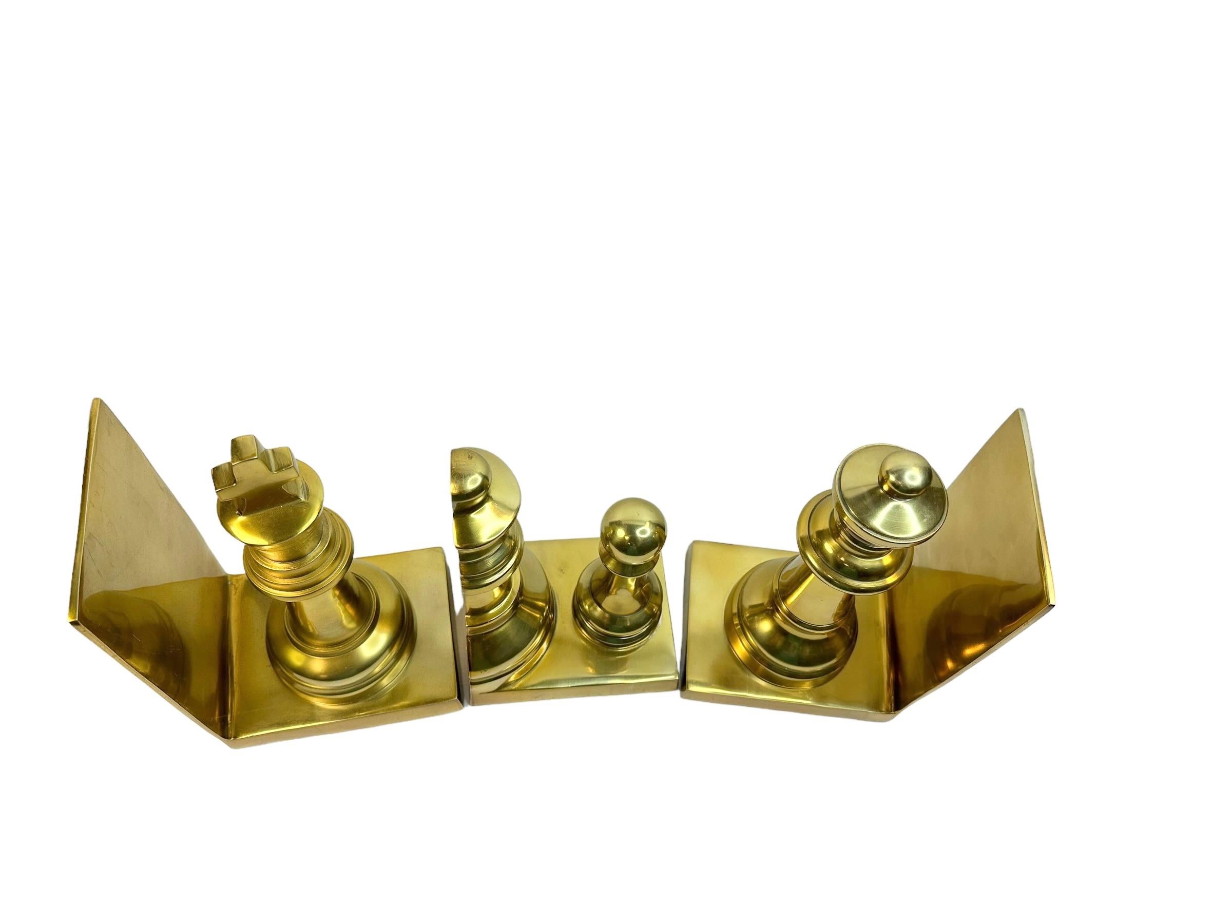 Metal Set of 3 Chess Figure Bookends, King, Queen, Bishop & Pawn, Italy 1980s For Sale