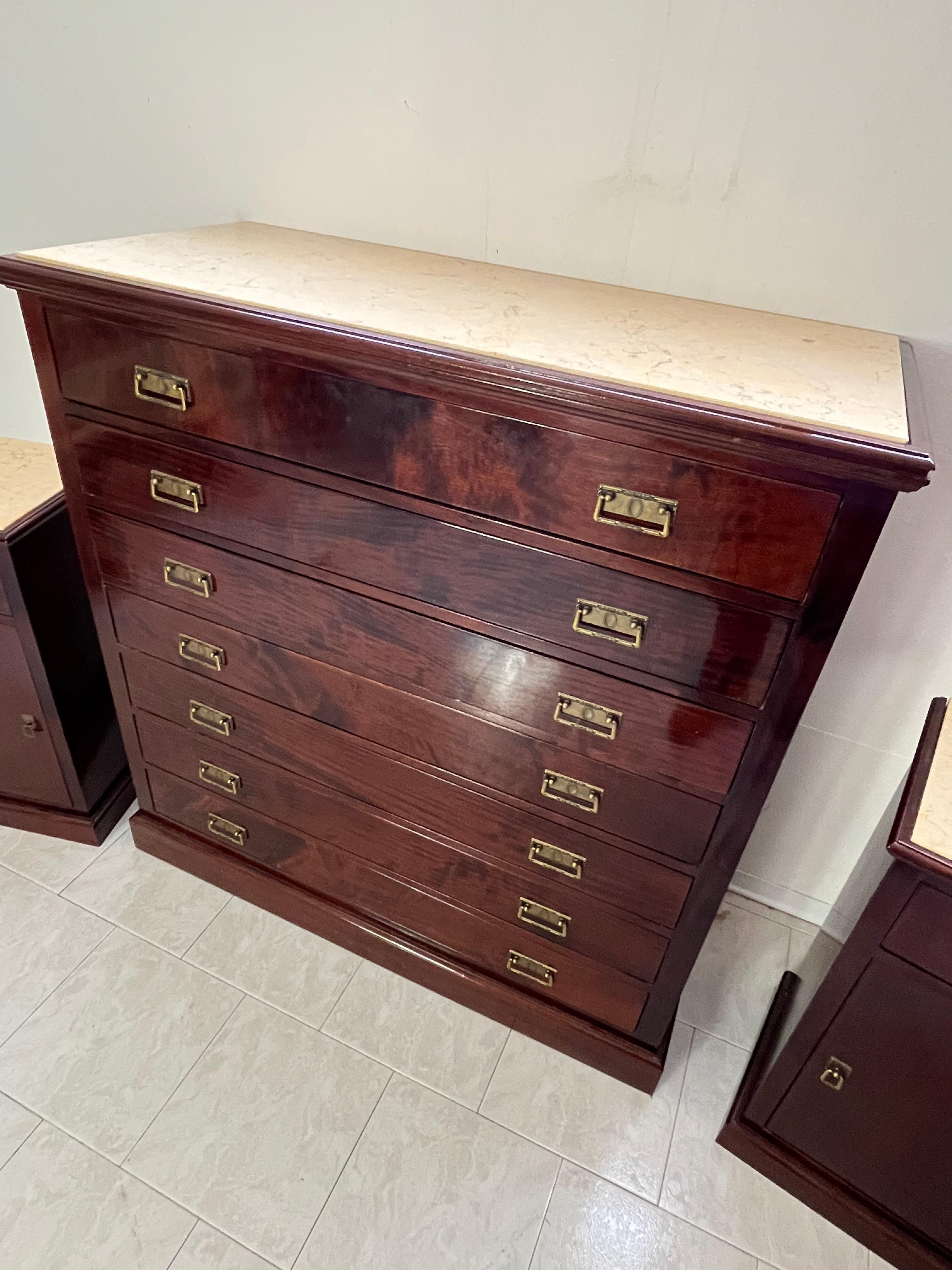 Italian Set of 3 Chests Of Drawers and Bedside Tables with marble tops, 1960s For Sale