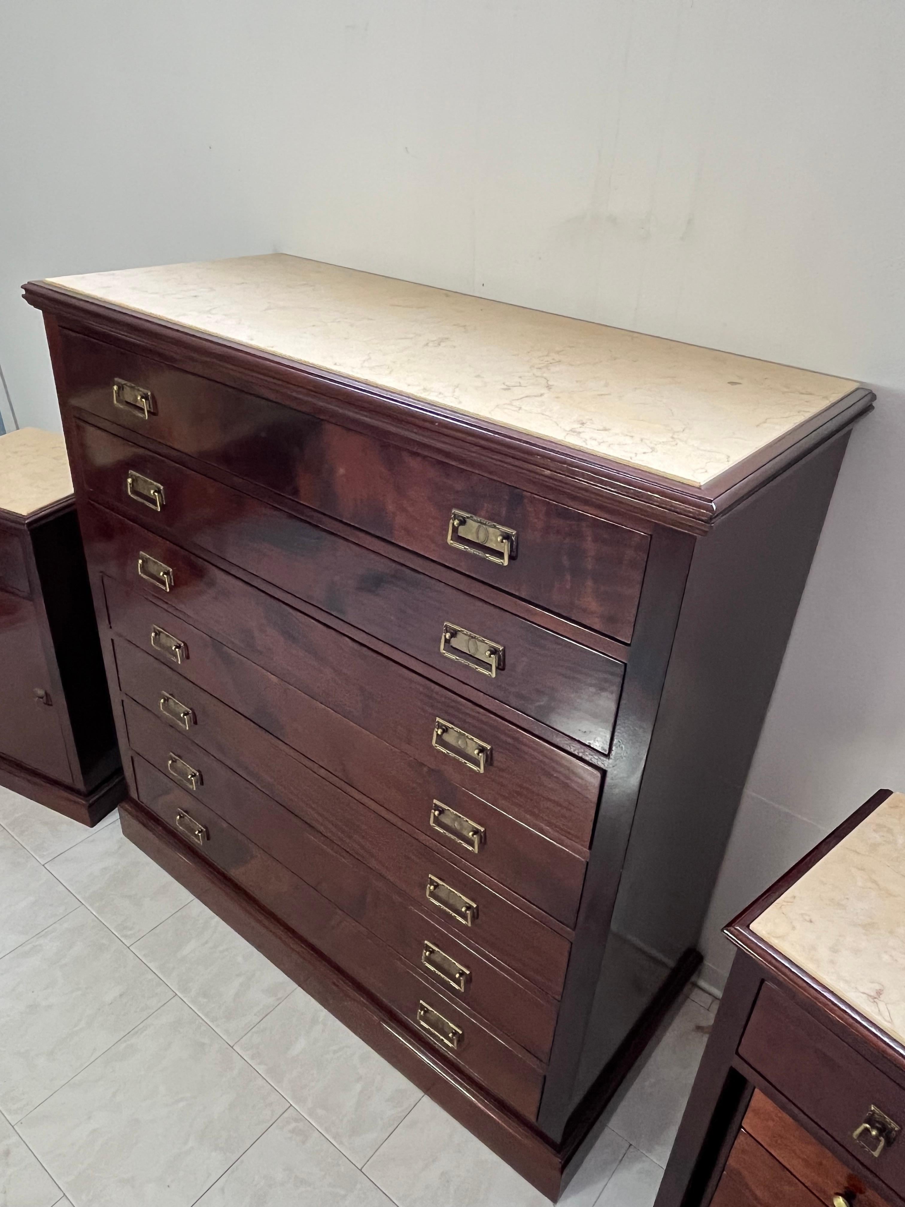 Marble Set of 3 Chests Of Drawers and Bedside Tables with marble tops, 1960s For Sale