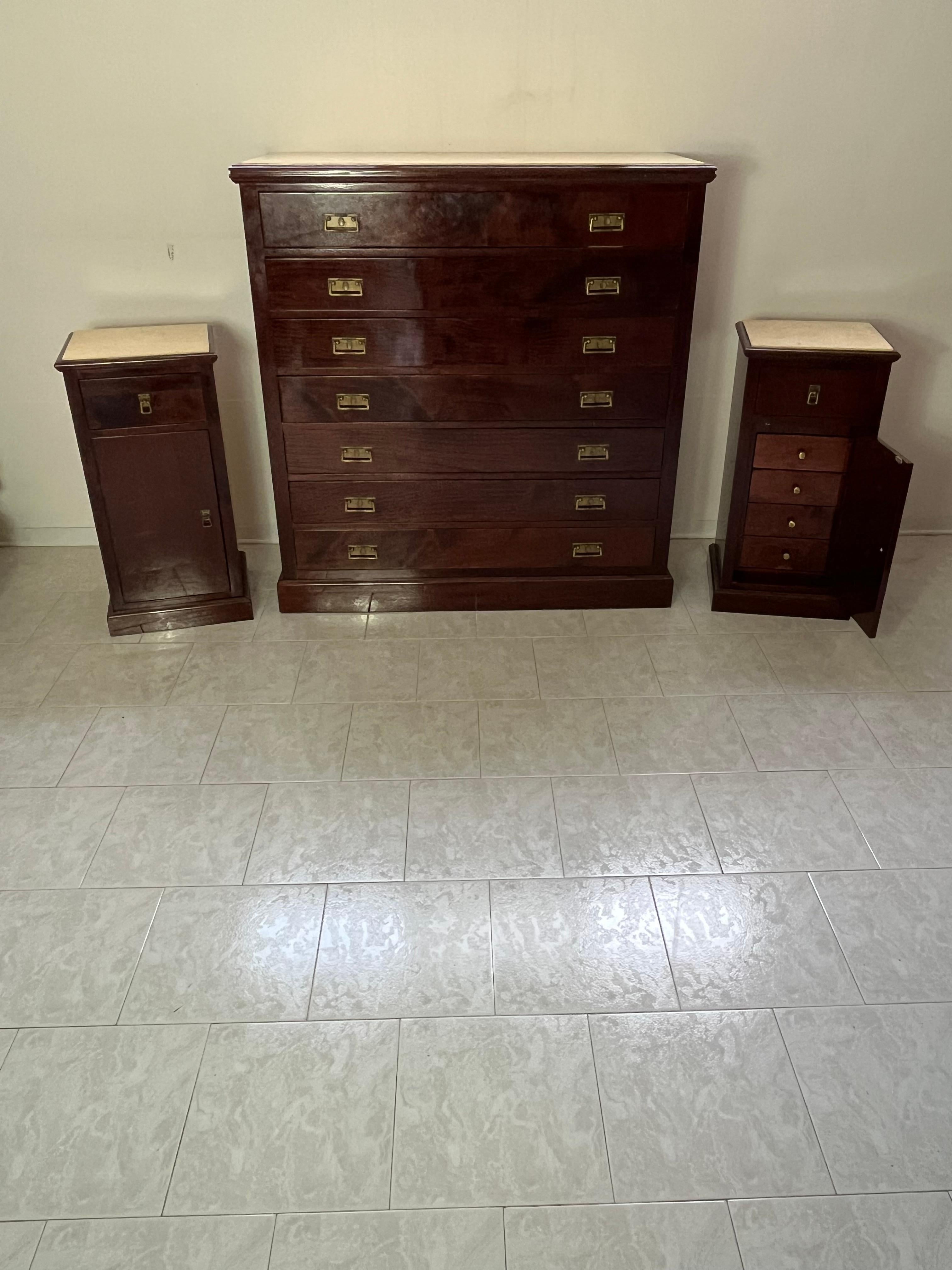 Set of 3 Chests Of Drawers and Bedside Tables with marble tops, 1960s For Sale 1