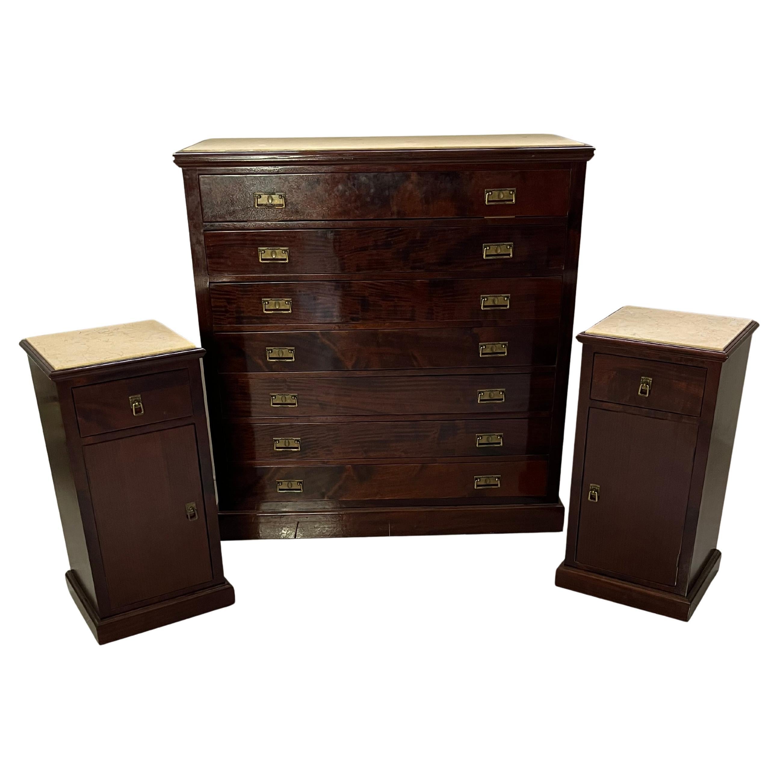 Set of 3 Chests Of Drawers and Bedside Tables with marble tops, 1960s For Sale