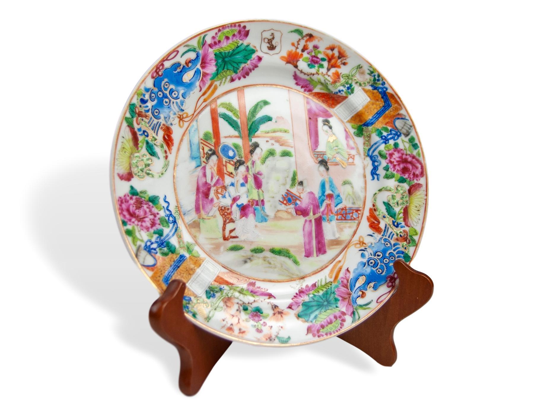 Enameled Set of 3 Chinese Export Famille Rose Armorial Plates, Canton, ca. 1835