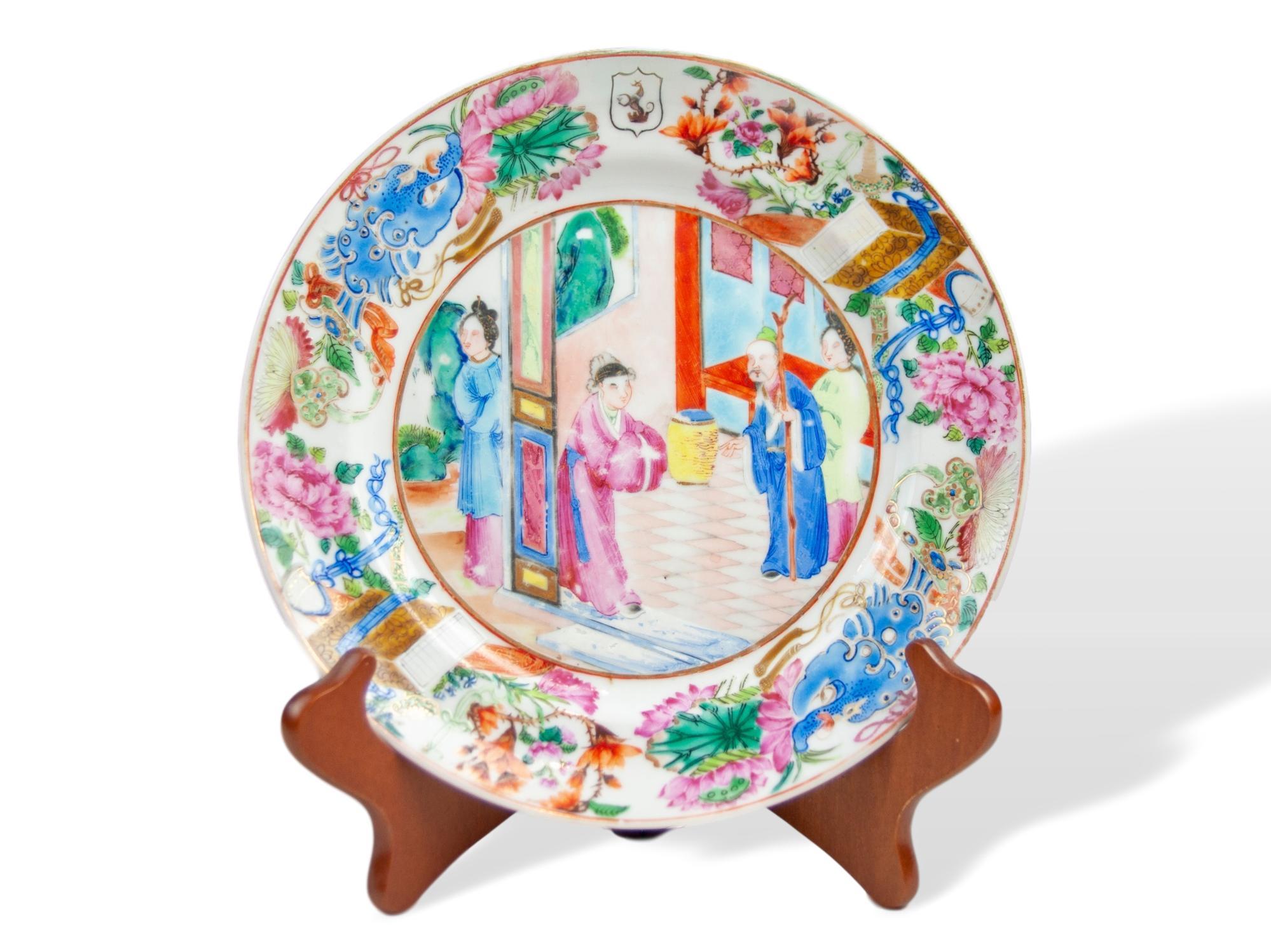 Porcelain Set of 3 Chinese Export Famille Rose Armorial Plates, Canton, ca. 1835