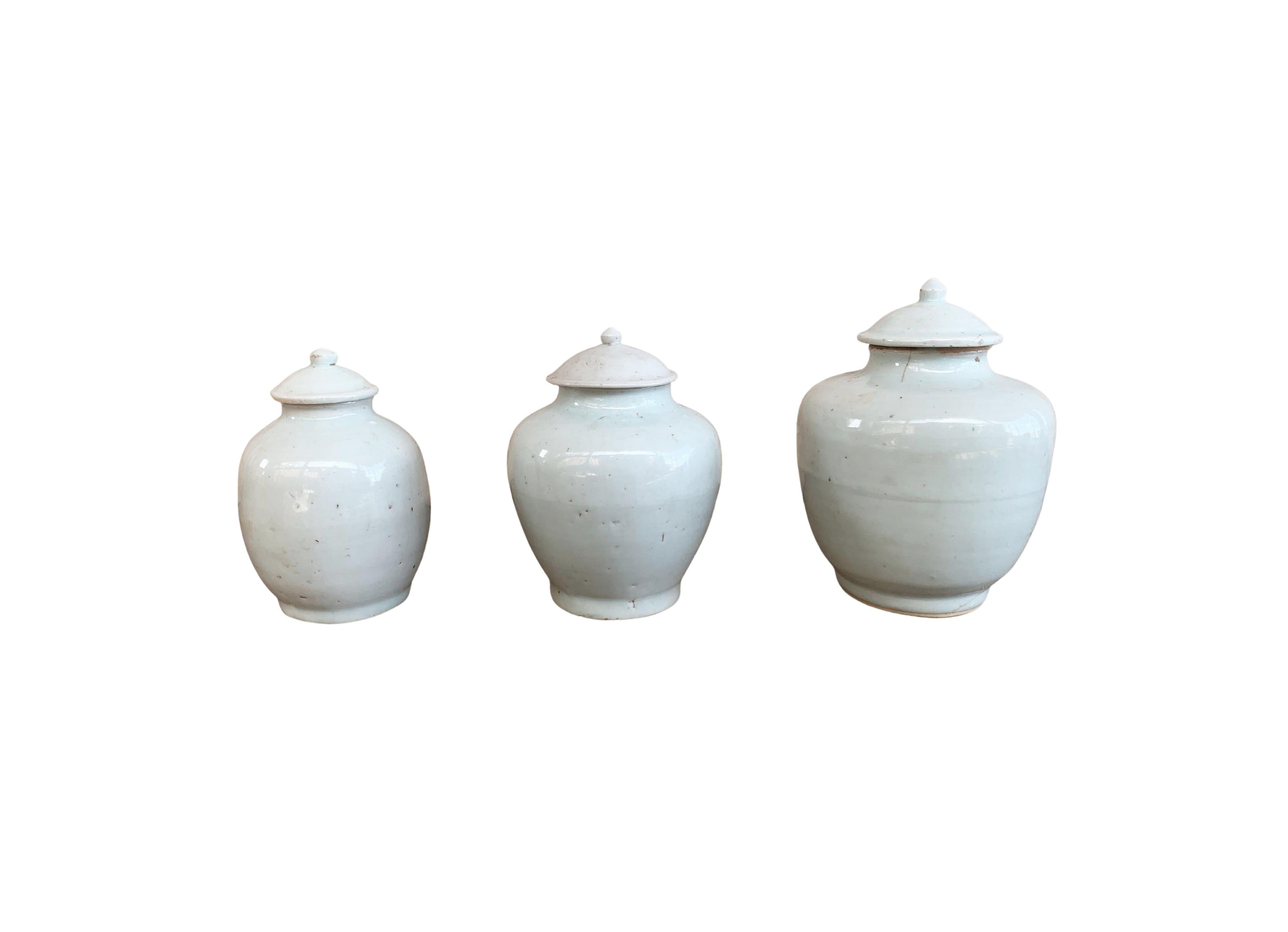 Set von 3 chinesischen Off-White-Keramik- Ingwergläsern (Sonstiges) im Angebot