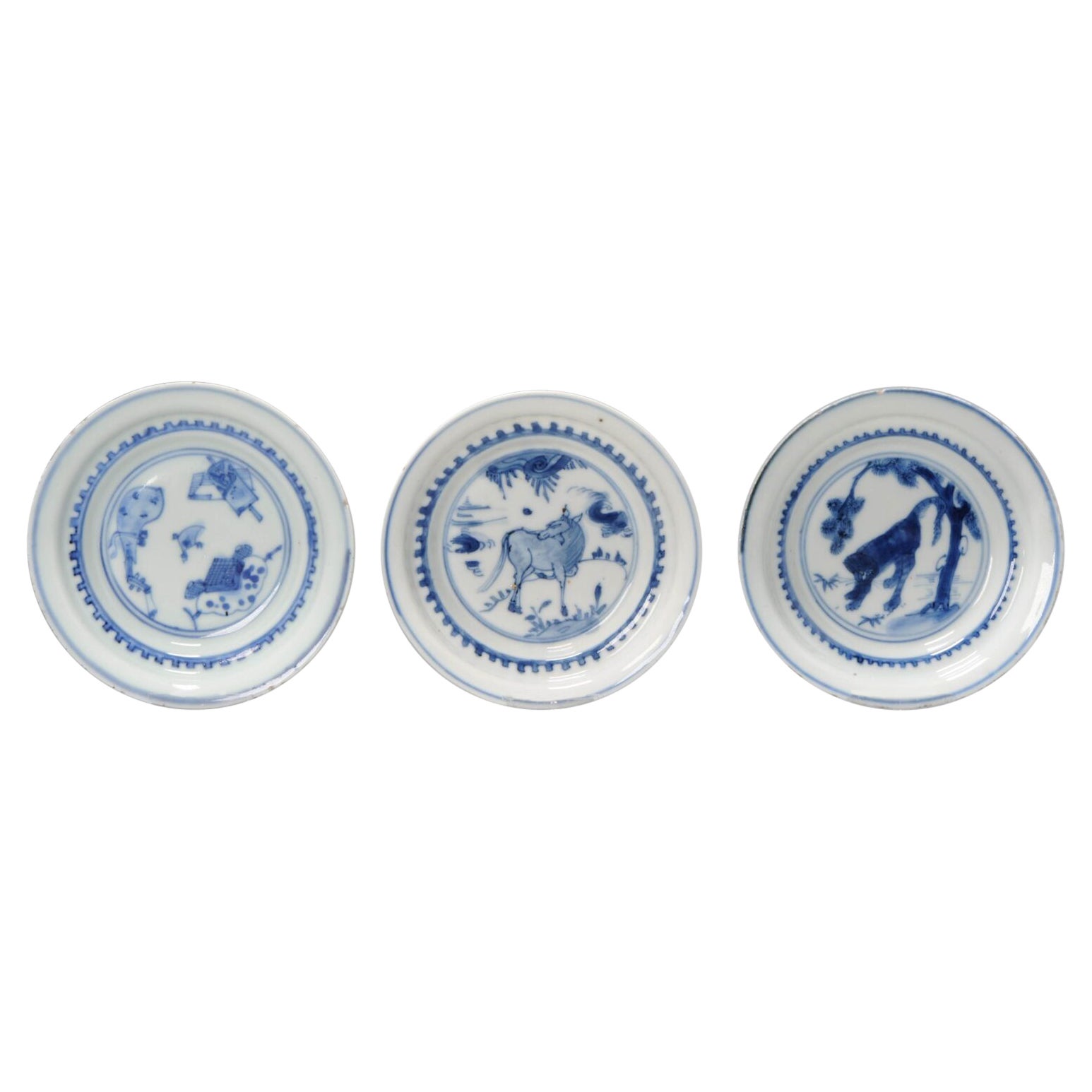 Set of 3 Chinese Porcelain Kosometsuke Plates Tiger 
Horse, ca 1600-1660