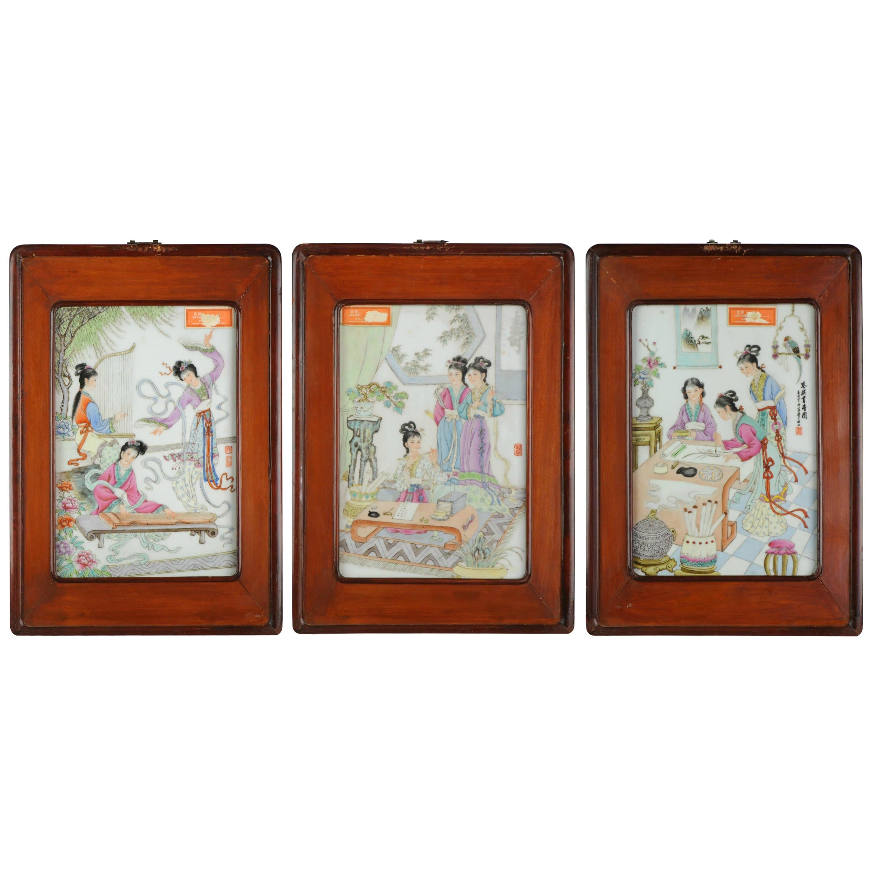Set of 3 Chinese PRoC Ladies Leisure Porcelain plaques 1970s or 1980s For Sale
