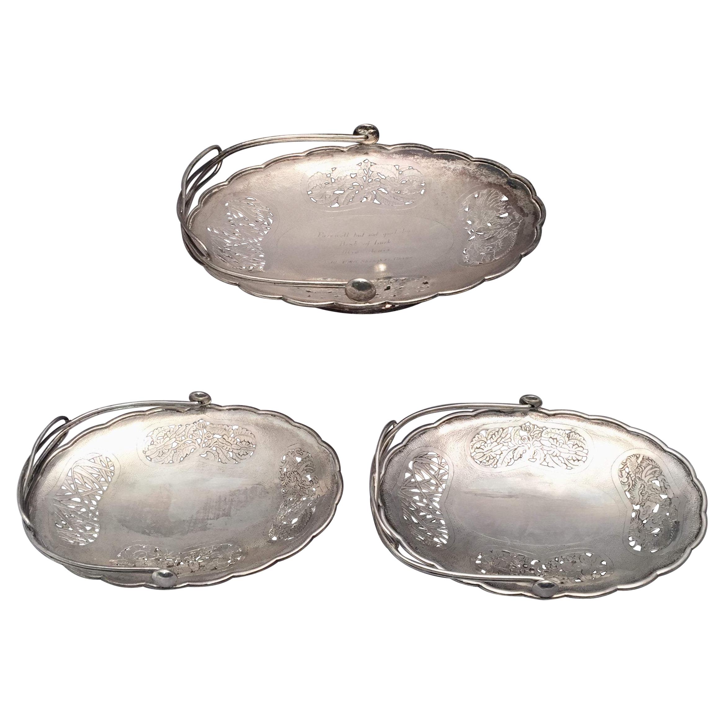 Set of 3 Chinese Silver Centerpiece Bowls with Floral Piercing by Nanking For Sale