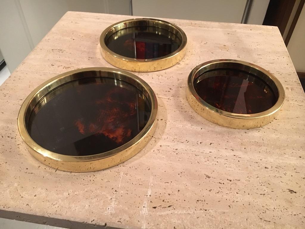 Set of 3 Christian Dior Faux Tortoise and Brass Trays In Good Condition In Geneva, CH