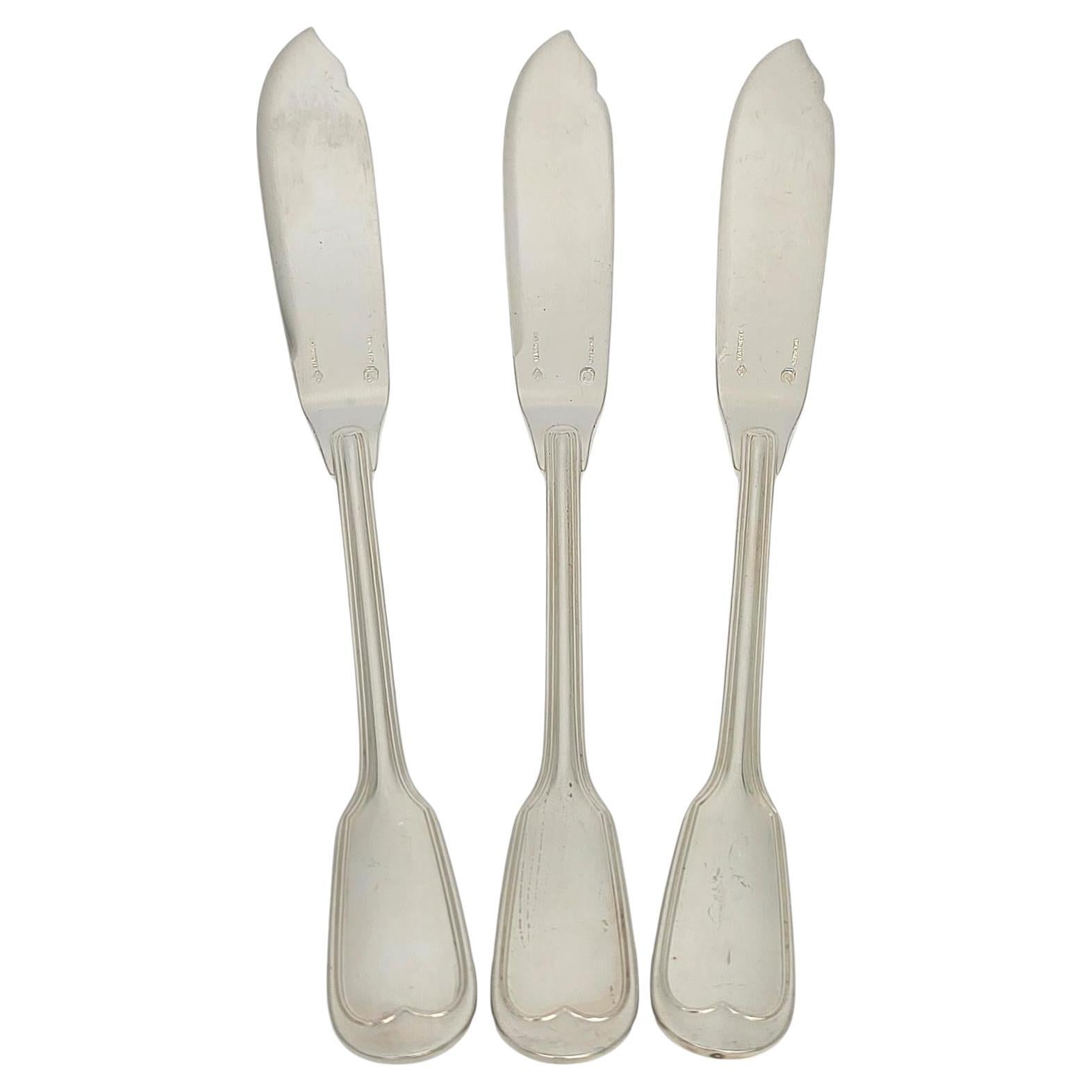 Set of 3 Christofle Sterling Silver Chinon Individual Fish Knives 7 7/8" #20508