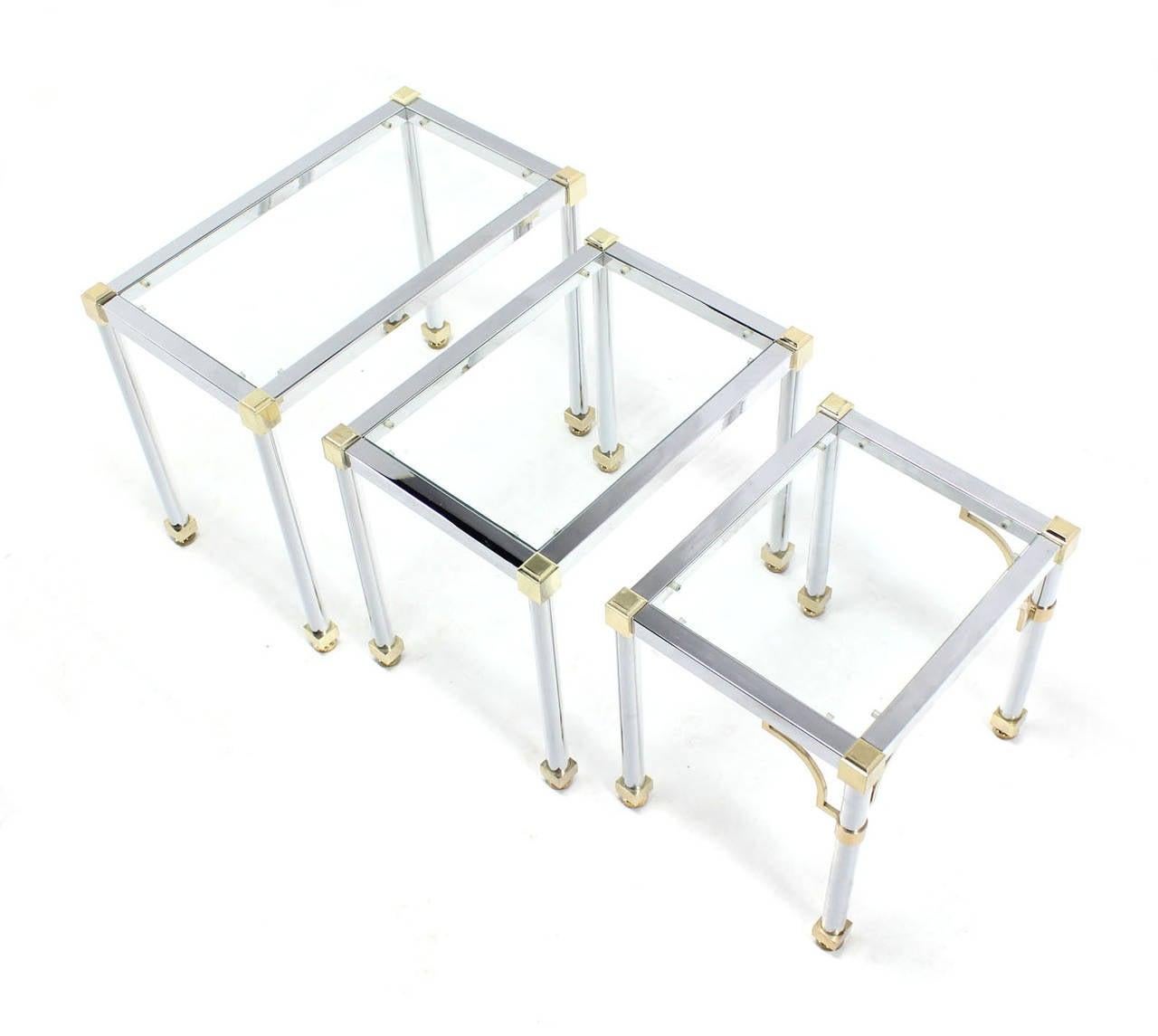 American Set of 3  Chrome and Brass Metal Glass Top Nesting Side End Occasional Tables  For Sale