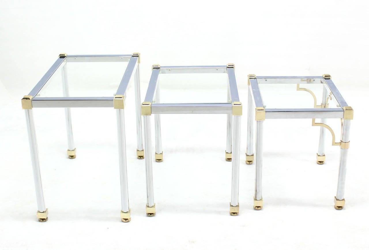 Set of 3  Chrome and Brass Metal Glass Top Nesting Side End Occasional Tables  For Sale 1
