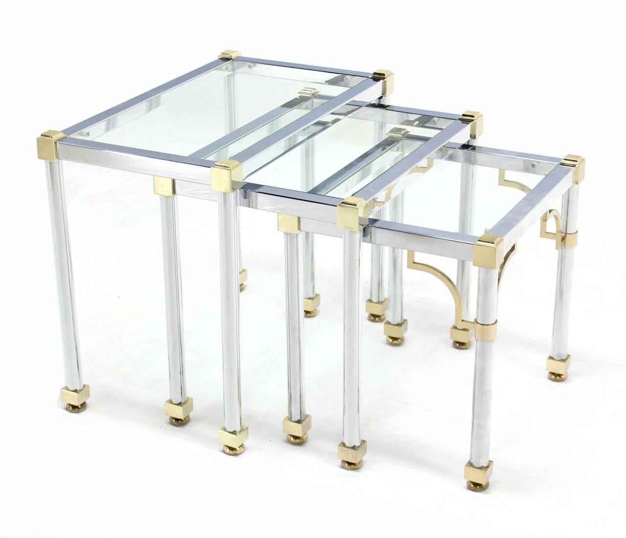 Set of 3  Chrome and Brass Metal Glass Top Nesting Side End Occasional Tables  For Sale 2