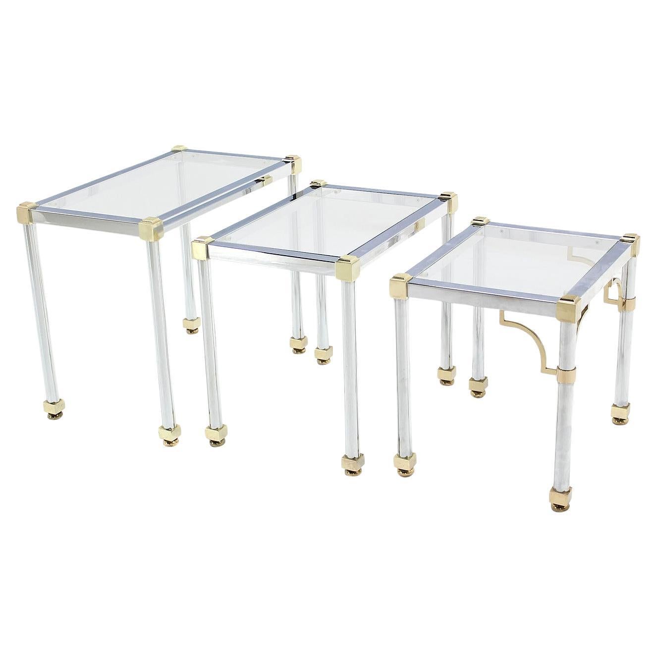 Set of 3  Chrome and Brass Metal Glass Top Nesting Side End Occasional Tables  For Sale