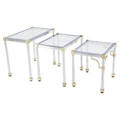 Vintage Set of 3  Chrome and Brass Metal Glass Top Nesting Side End Occasional Tables 