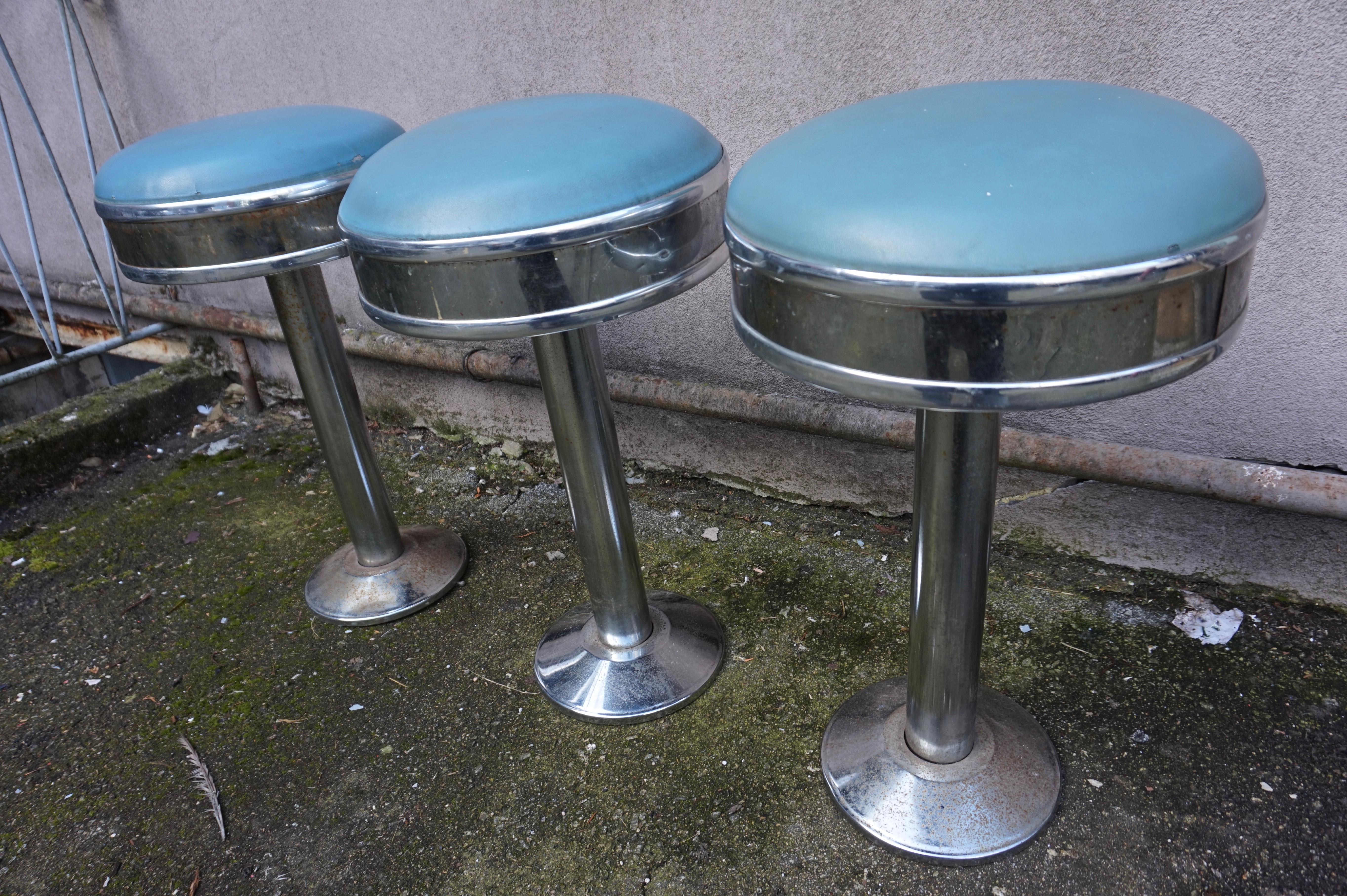 Set of 3 Chrome Art Deco Counter Barstools with Original Seats & Patina For Sale 5