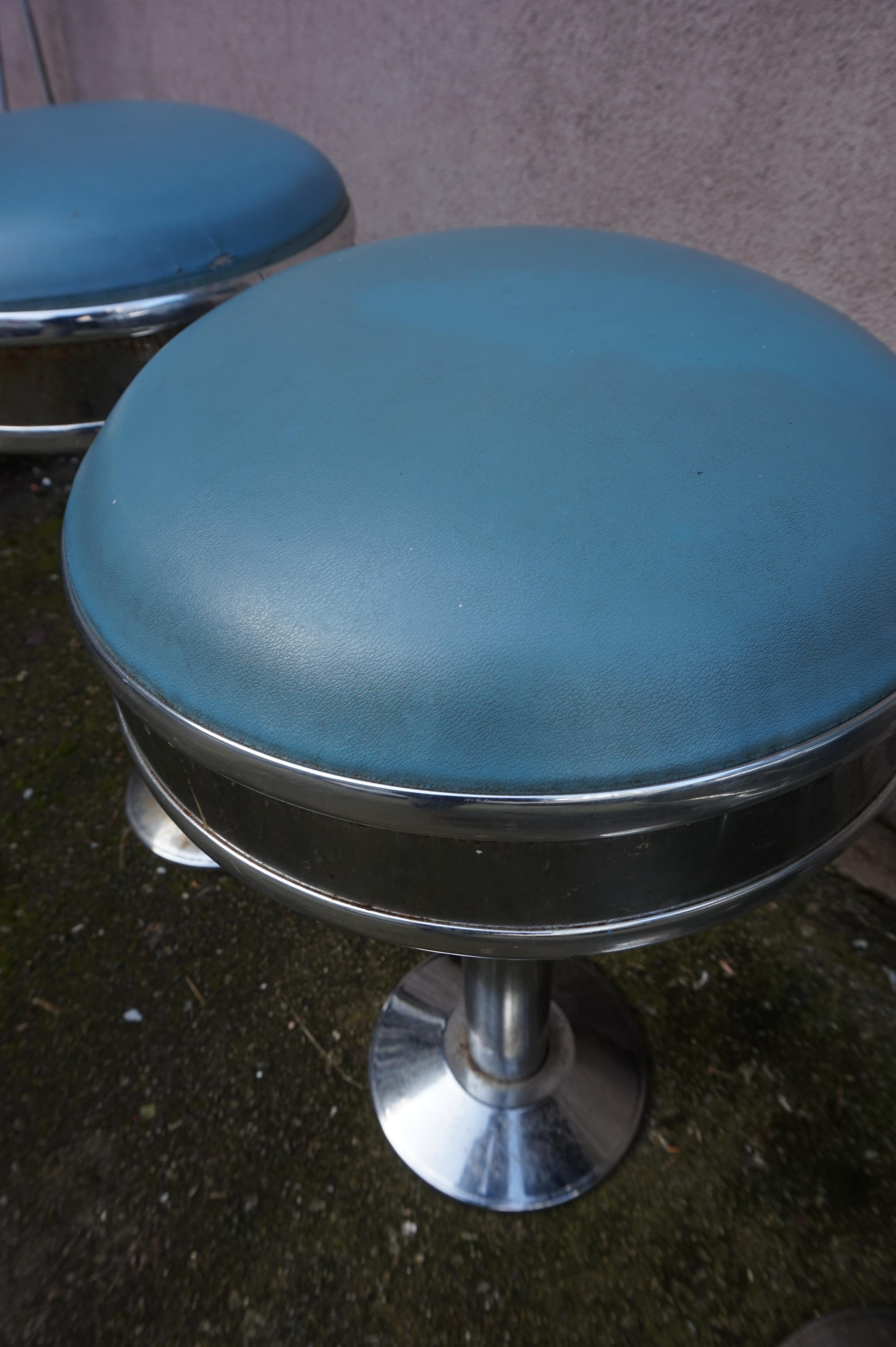 Set of 3 Chrome Art Deco Counter Barstools with Original Seats & Patina For Sale 7