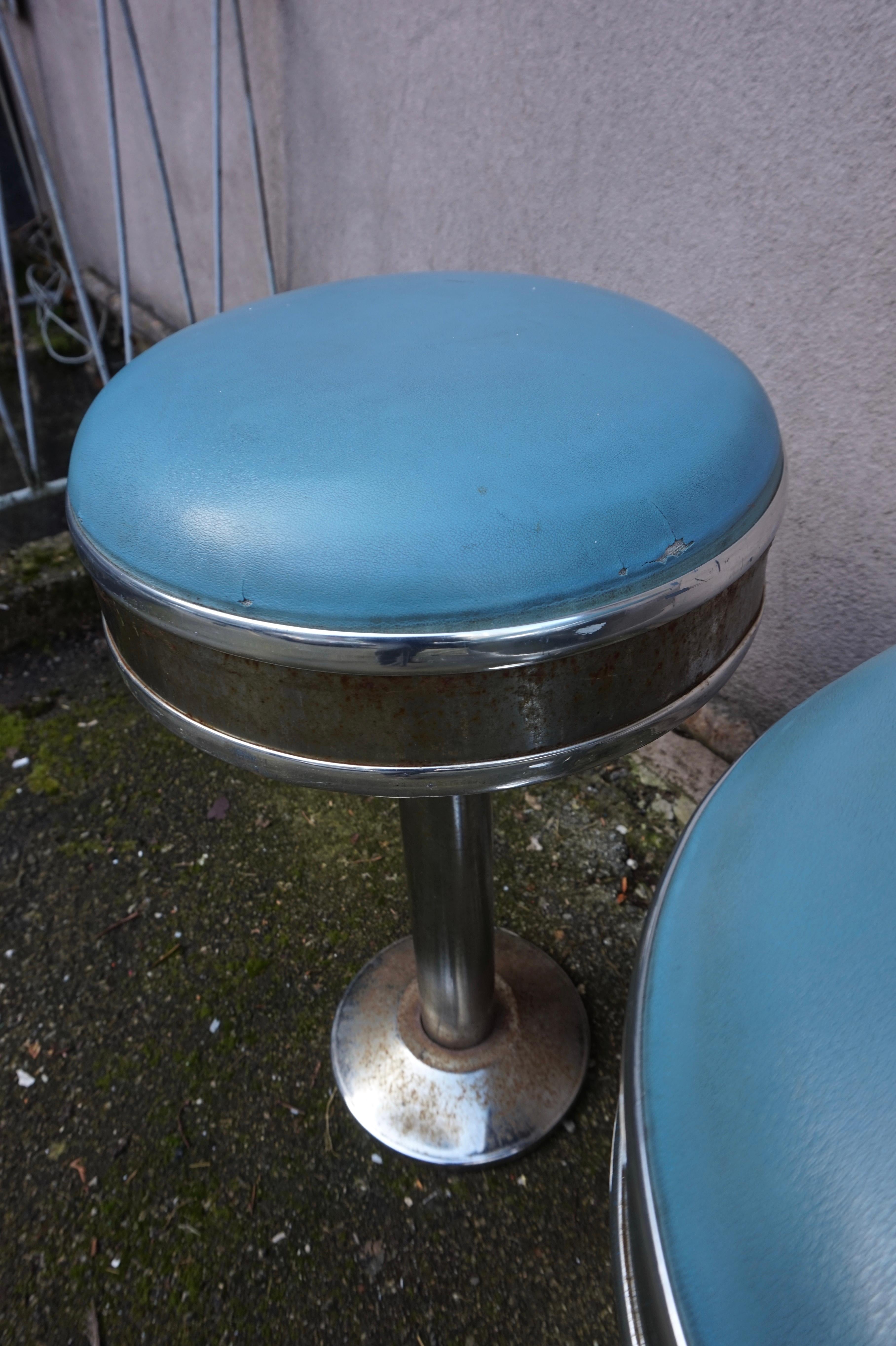 Set of 3 Chrome Art Deco Counter Barstools with Original Seats & Patina For Sale 8