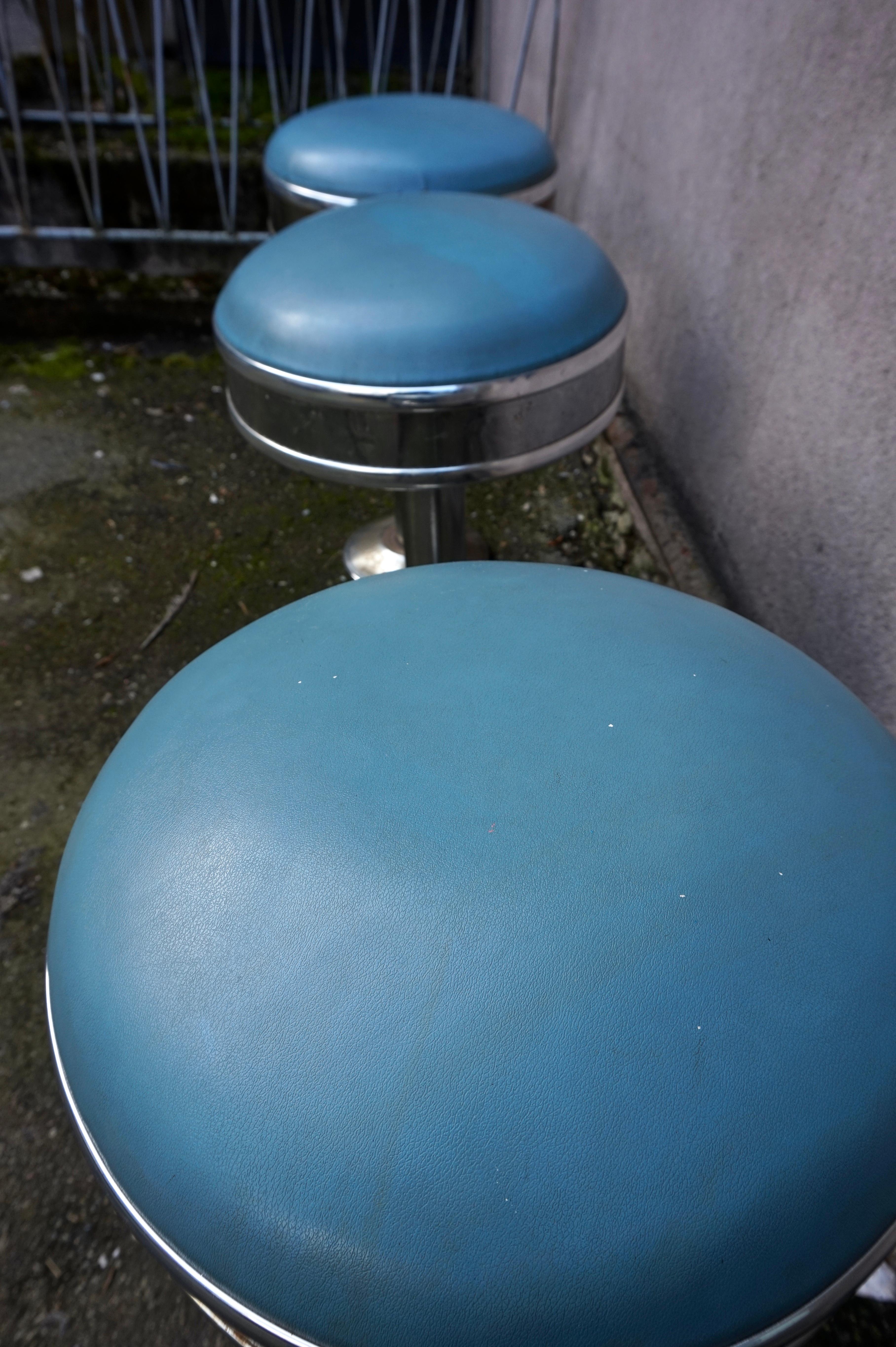 Set of 3 Chrome Art Deco Counter Barstools with Original Seats & Patina For Sale 12
