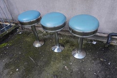 Set of 3 Chrome Art Deco Counter Barstools with Original Seats & Patina