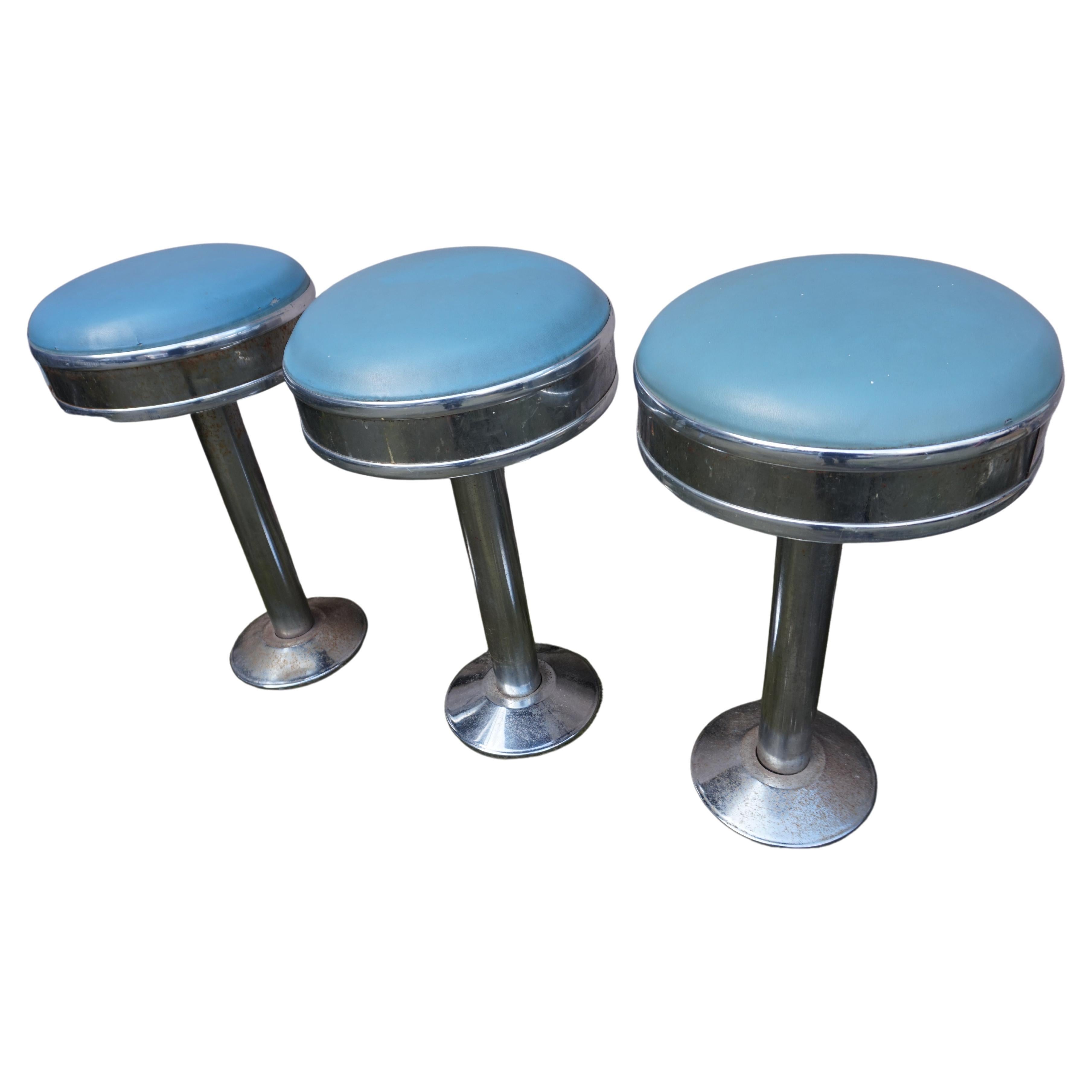 Set of 3 Chrome Art Deco Counter Barstools with Original Seats & Patina For Sale