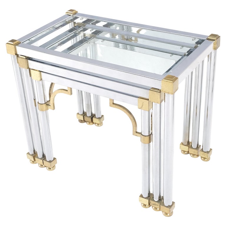 Set of 3 Chrome and Brass Glass Tops End Nesting Side Lamp Tables MINT