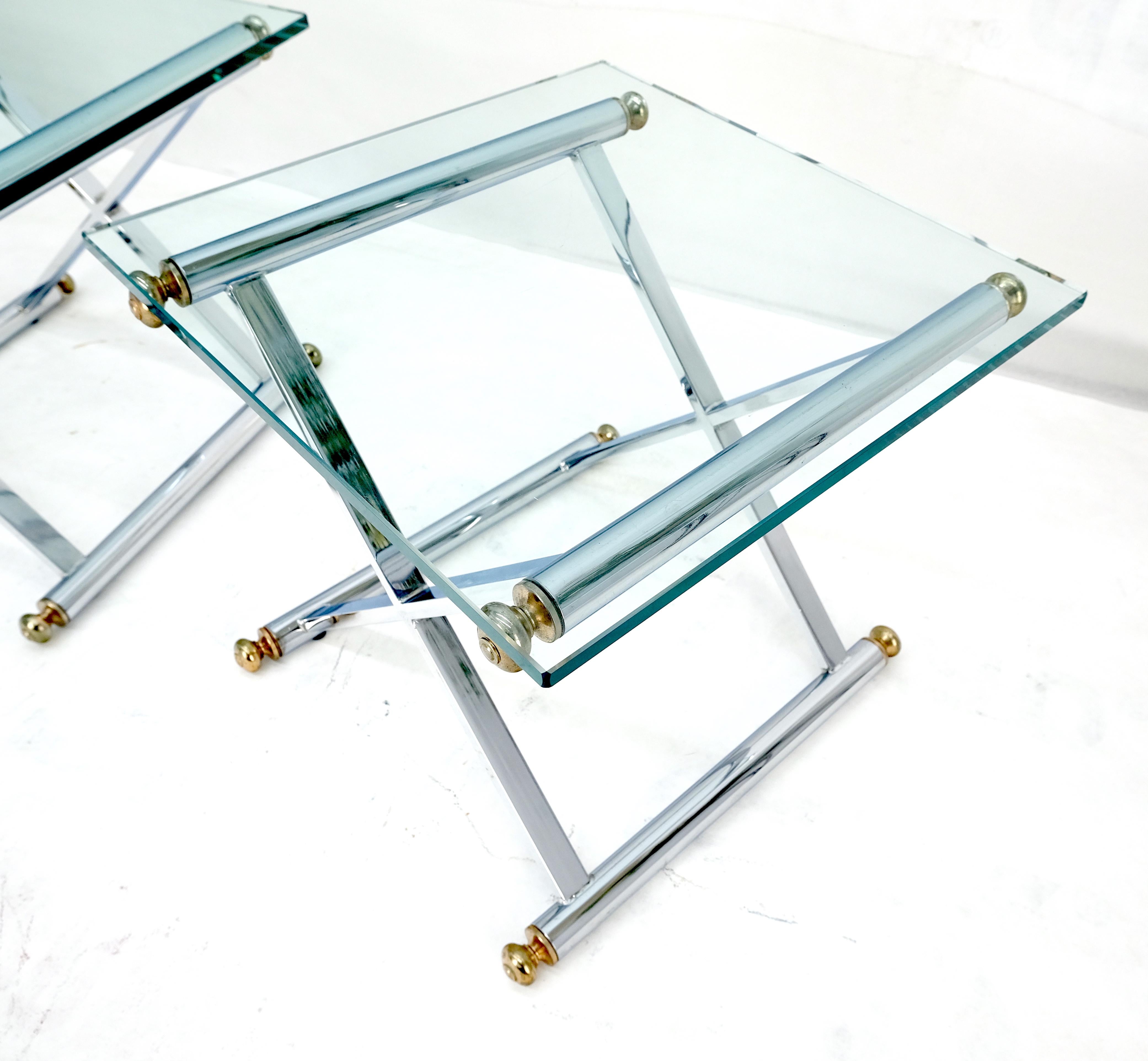 Set of 3 Chrome X Bases Square Glass Tops Occasional Side End Lamp Tables MINT For Sale 4