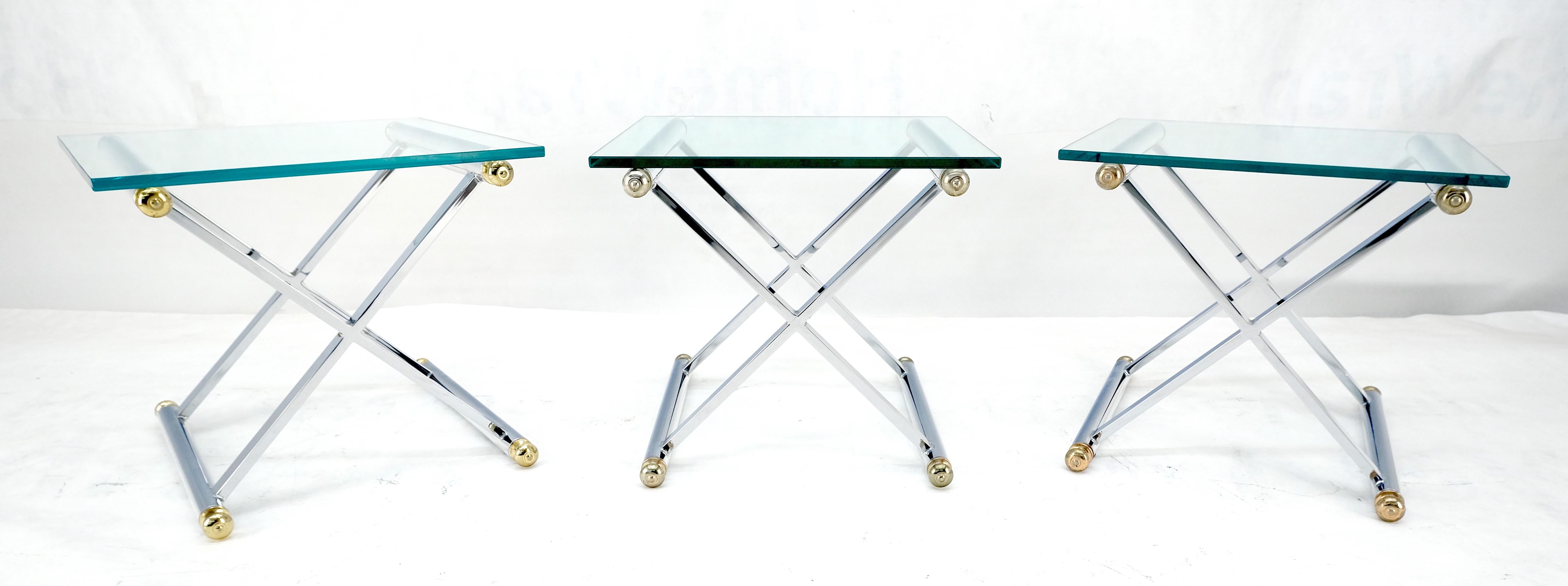 Mid-Century Modern Set of 3 Chrome X Bases Square Glass Tops Occasional Side End Lamp Tables MINT For Sale