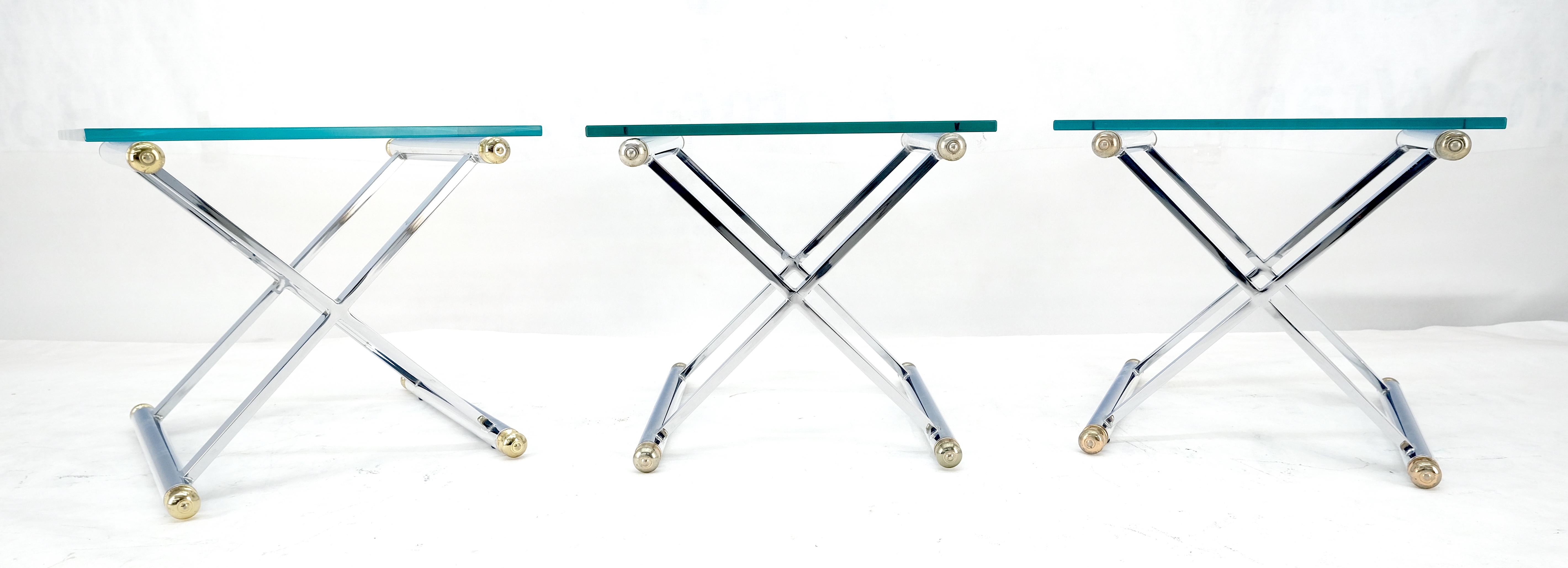Italian Set of 3 Chrome X Bases Square Glass Tops Occasional Side End Lamp Tables MINT For Sale