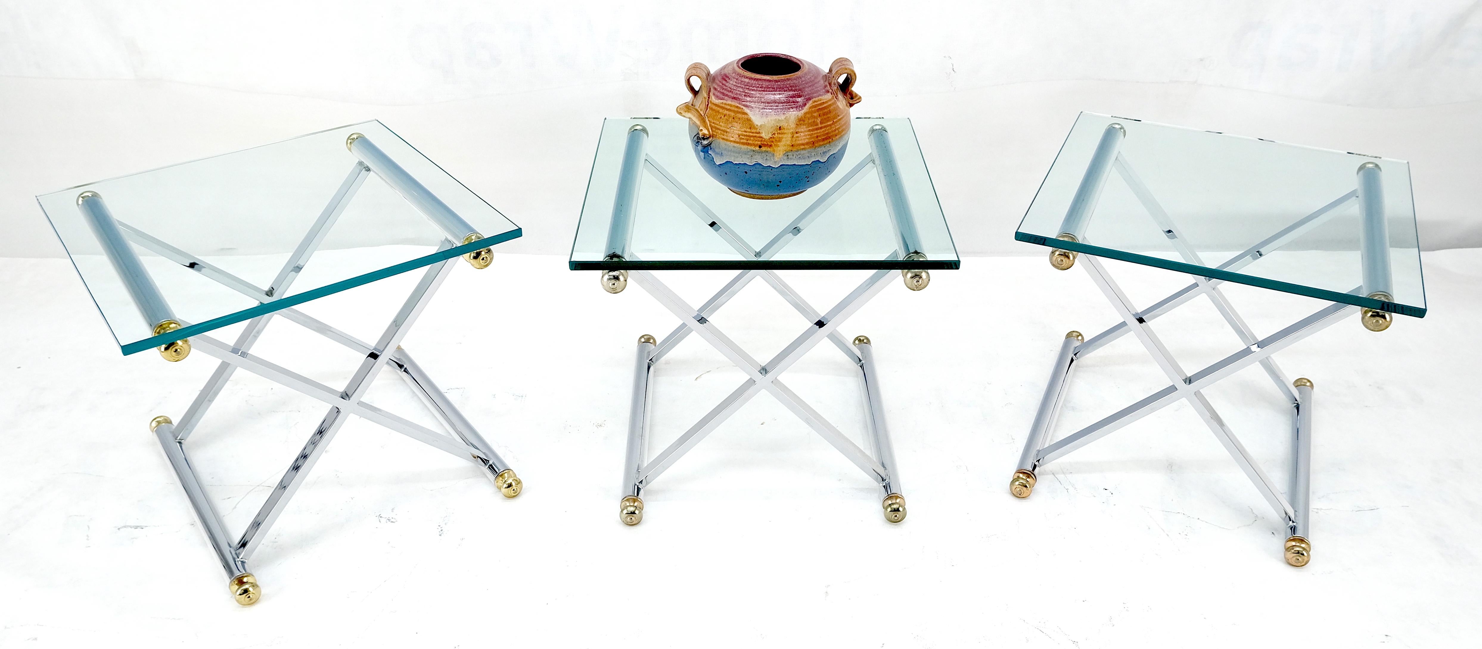 Set of 3 Chrome X Bases Square Glass Tops Occasional Side End Lamp Tables MINT In Good Condition For Sale In Rockaway, NJ