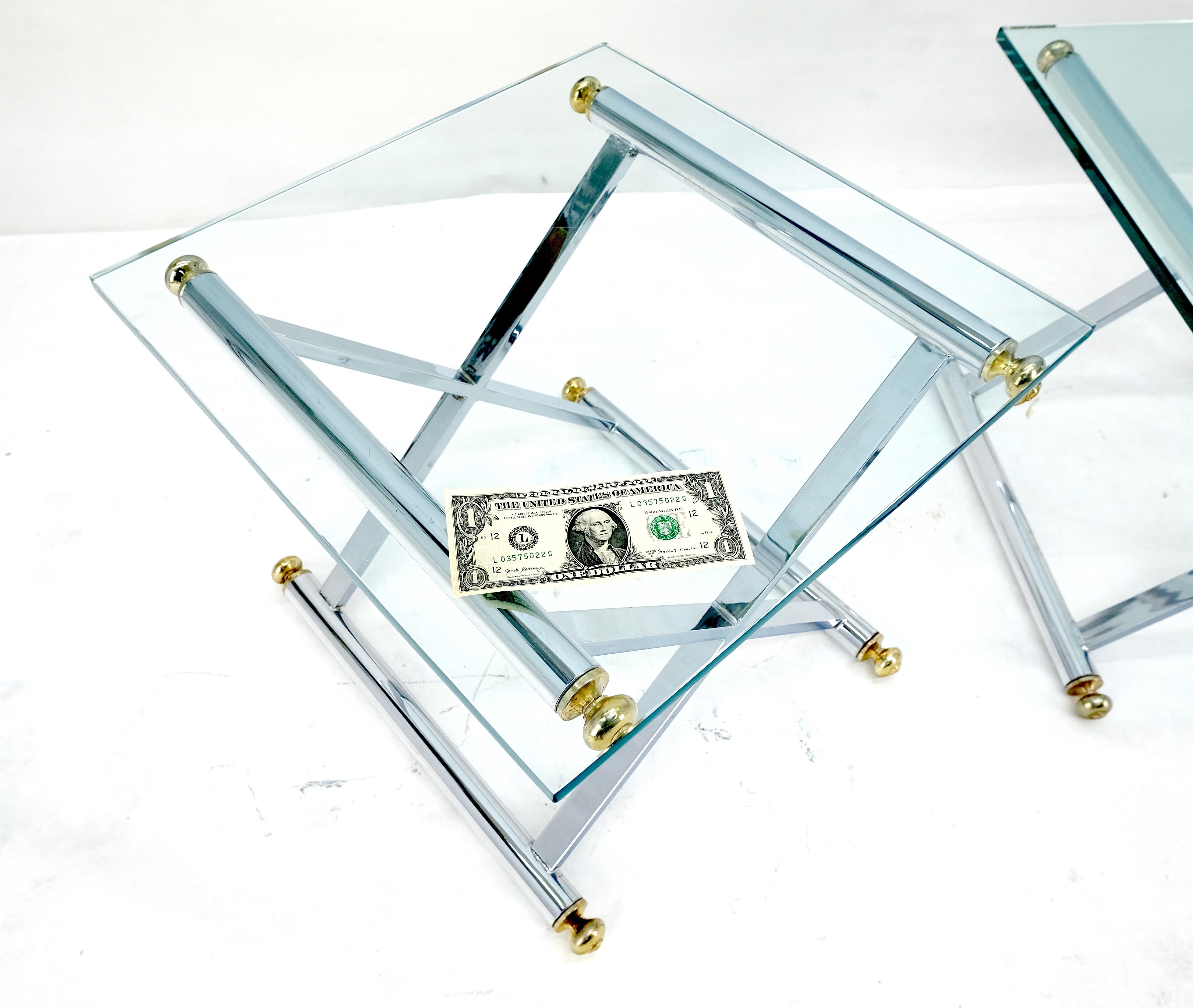 20th Century Set of 3 Chrome X Bases Square Glass Tops Occasional Side End Lamp Tables MINT For Sale
