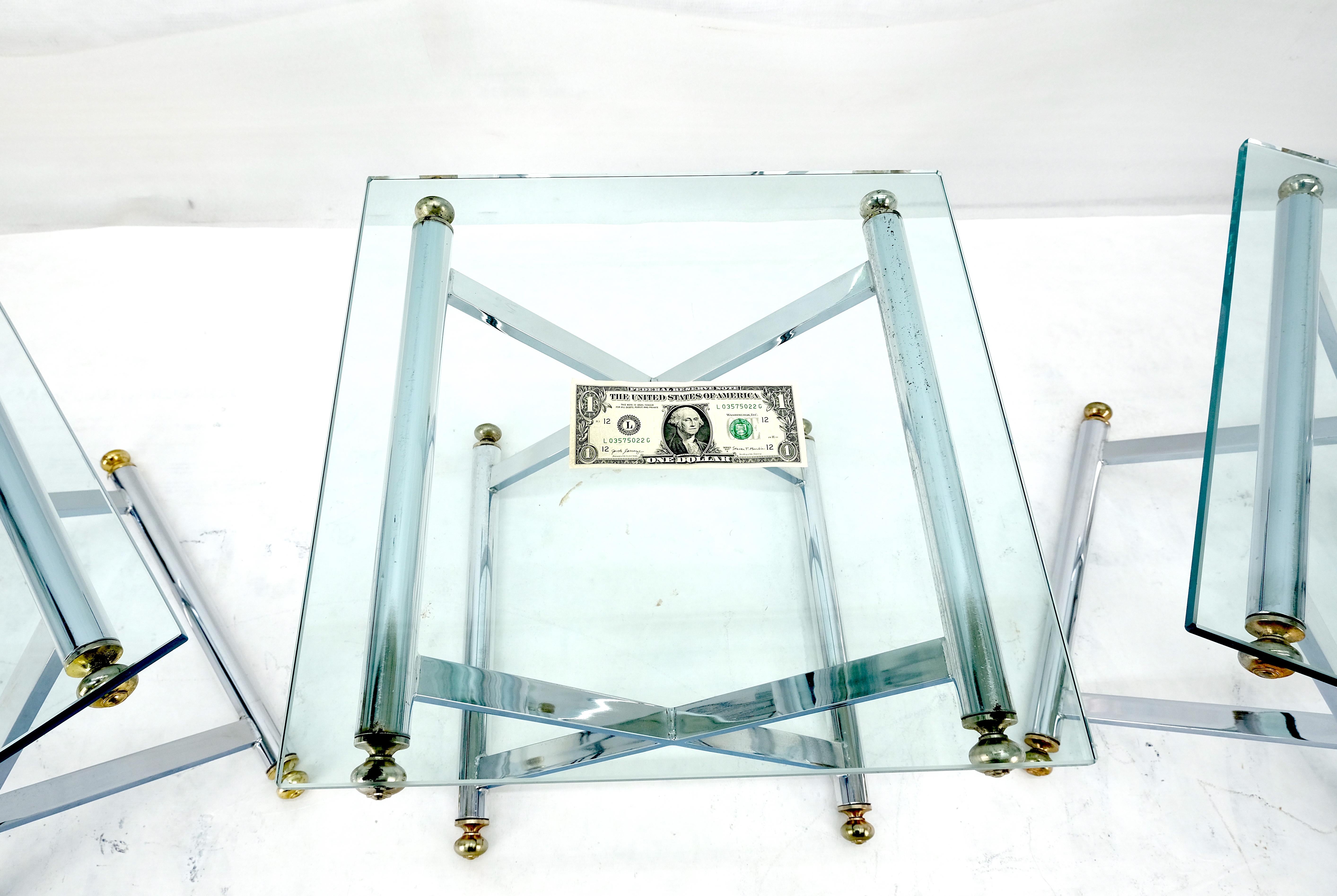 Brass Set of 3 Chrome X Bases Square Glass Tops Occasional Side End Lamp Tables MINT For Sale